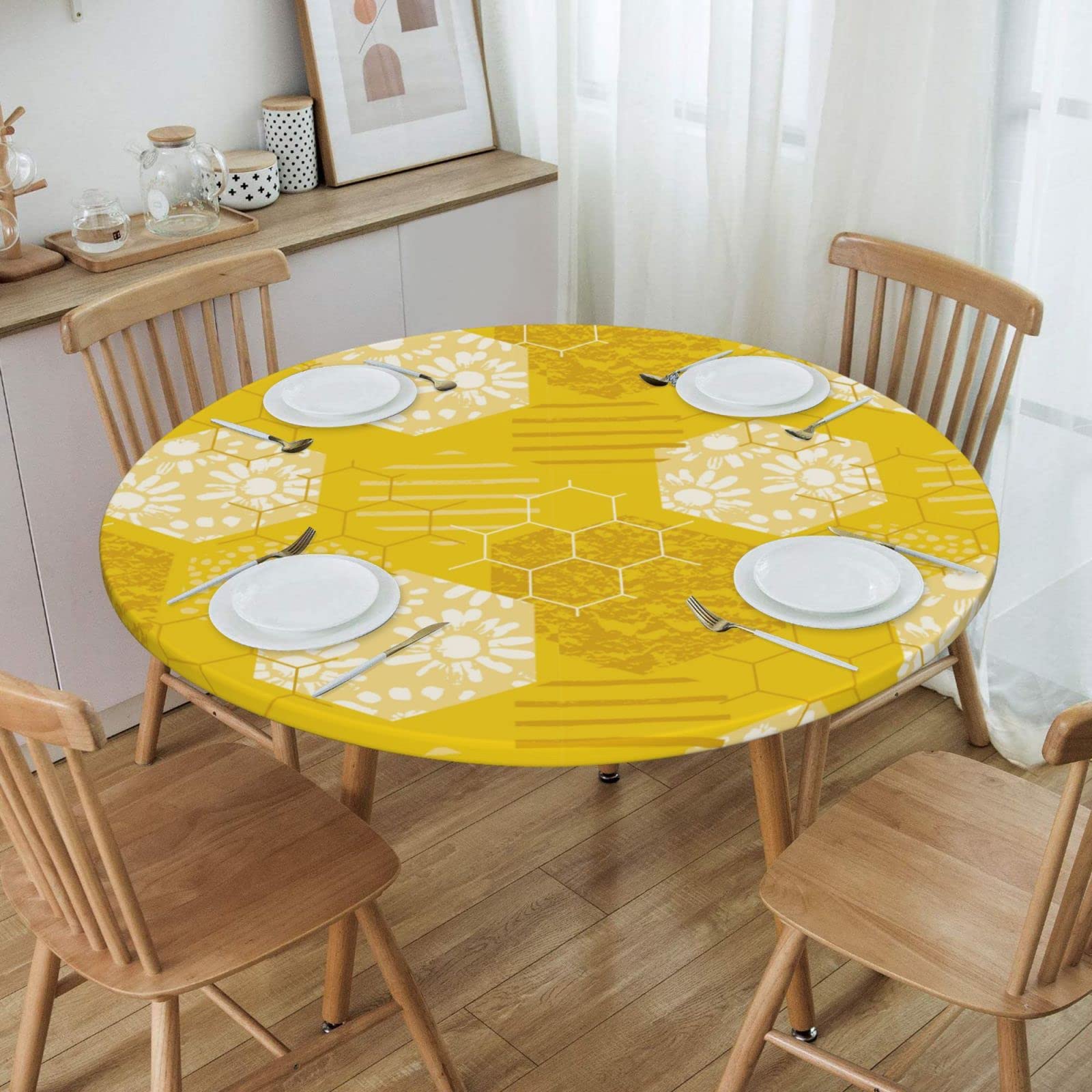 Honeycomb Pattern Elastic Edged Round Fitted Tablecloth - Waterproof & Wipeable Kitchen Table Cover for 45-50 Inch Tables - Perfect for Indoor, Outdoor, Parties & Dining