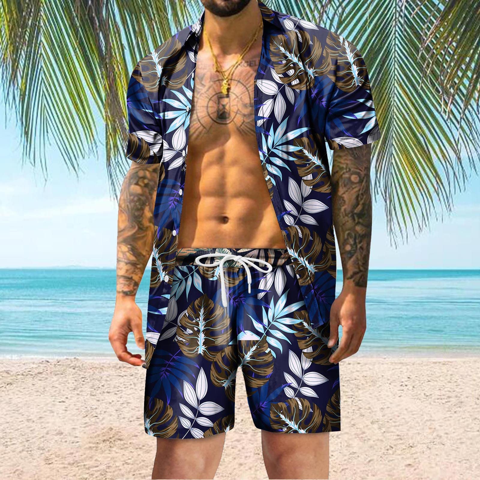 STYR Men's 2-Piece Summer Outfit - Hawaiian Beach Short Sleeve Shirt & Shorts Set with 3D Digital Print | Gym, Vacation & Casual Wear for Seaside Holidays