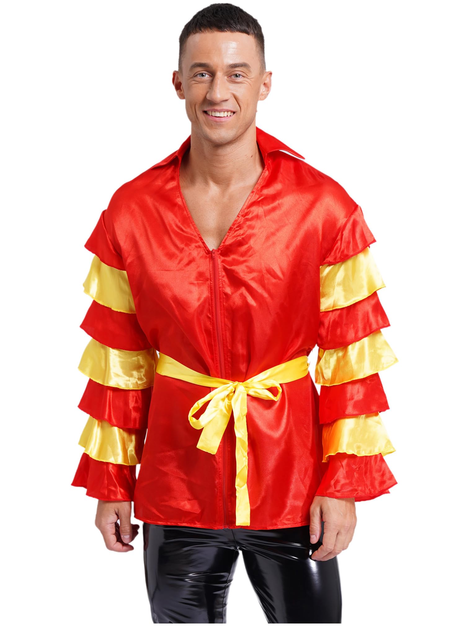 FEESHOW Men's Dance Shirts with Tiered Flare Sleeves & Belt - Rumba Samba Salsa Performance Top | Latin Ballroom Dance Costume for Stage Shows & Competitions