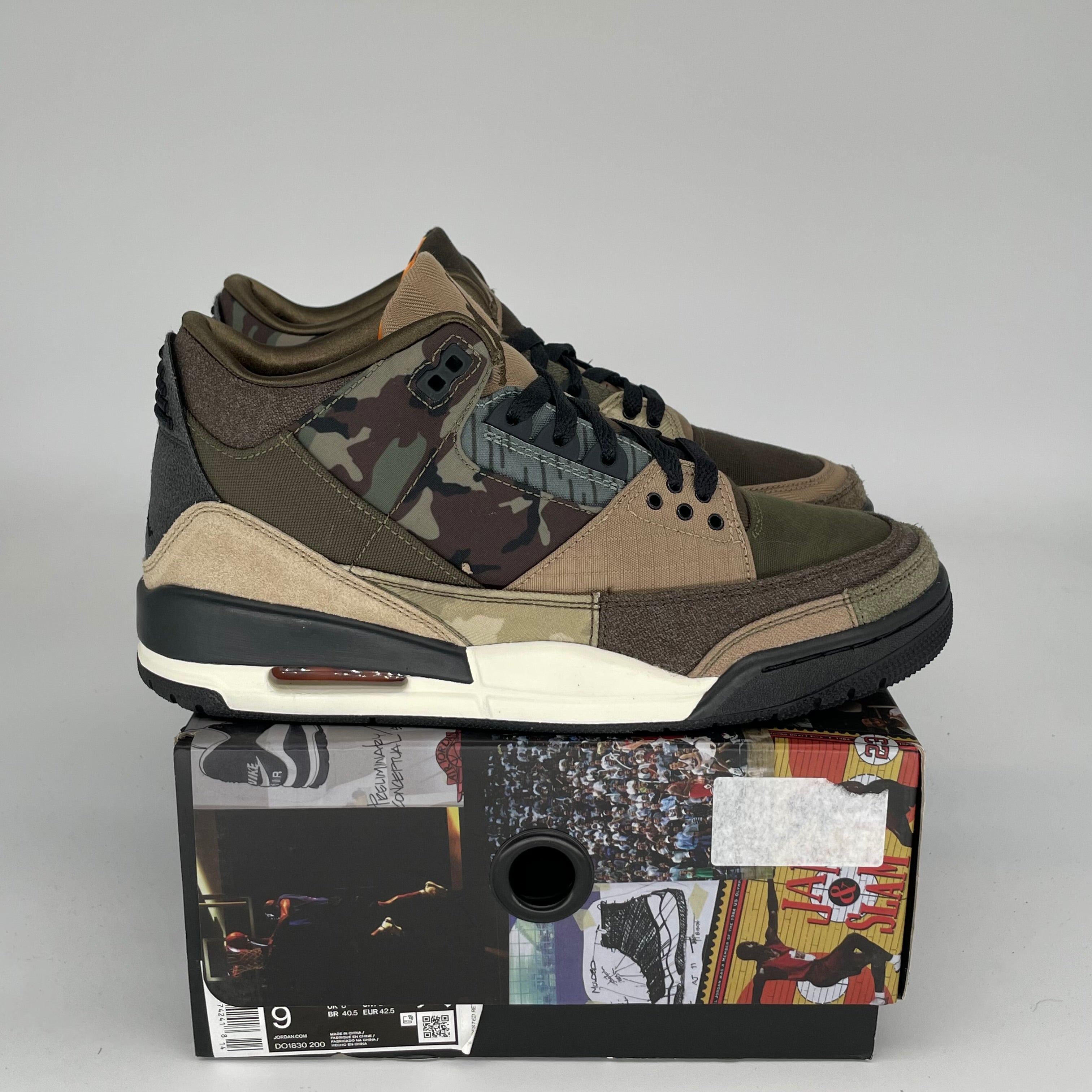 Original Air Jordan 3 Patchwork Camo Sneakers - Size 9 (DO1830-200) - Retro Basketball Shoes for Men, Streetwear & Casual Fashion