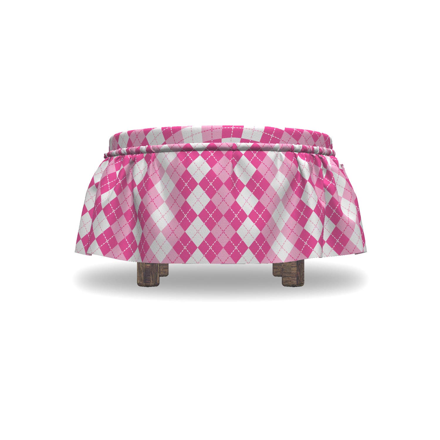 Ambesonne Pink and White Ottoman Cover Set - 2 Piece Traditional Argyle Slipcover with Ruffle Skirt for Square/Round Footstools - Standard Size Pale Pink & White Home Decor - Perfect for Living Room, Bedroom or Nursery Accent
