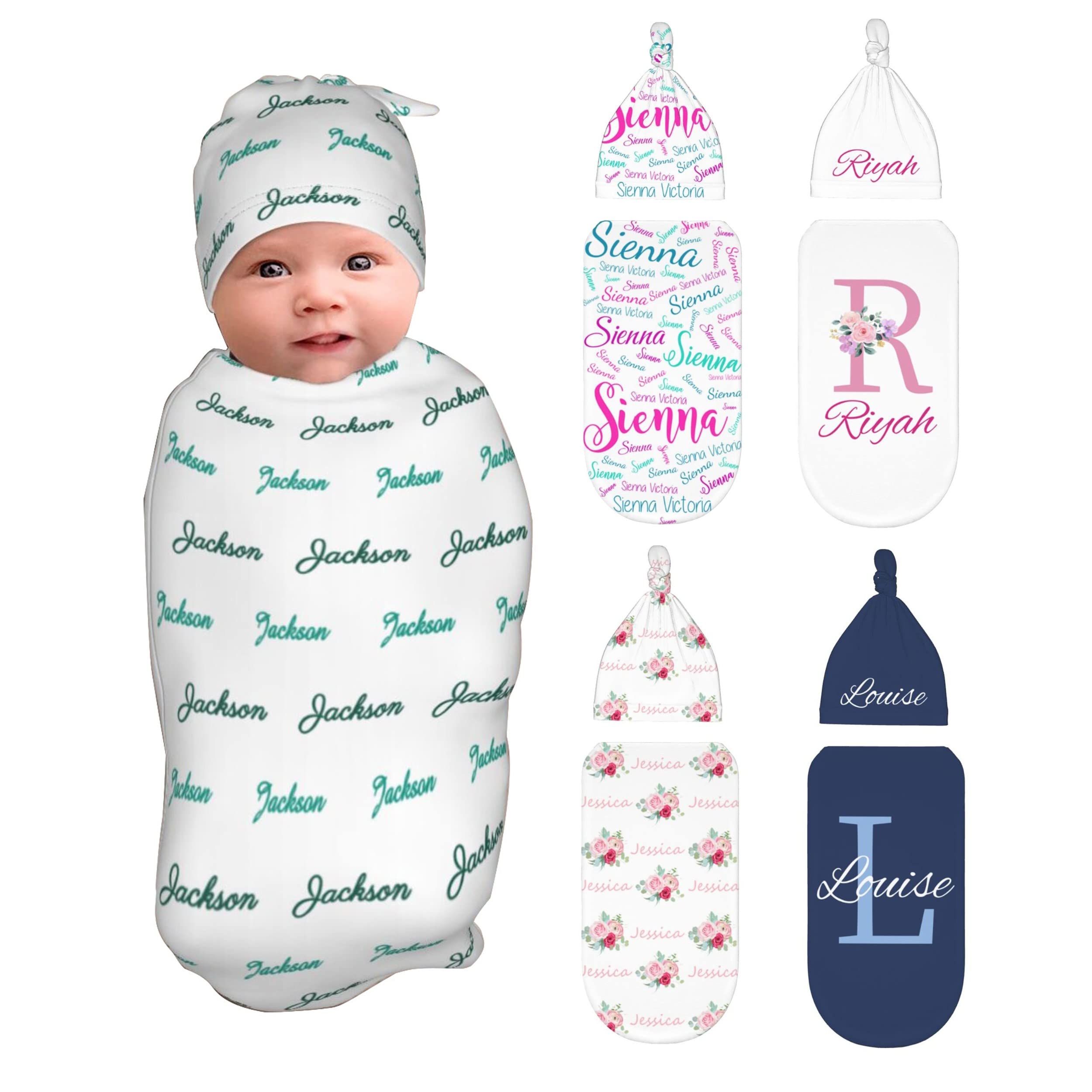 Personalized Baby Swaddle Blanket and Hat Set for Newborns - Custom Name Embroidery for Boys & Girls - Soft Cotton Baby Gift Set for Christening, Baby Shower & Nursery Decor - One Size Fits 0-6 Months