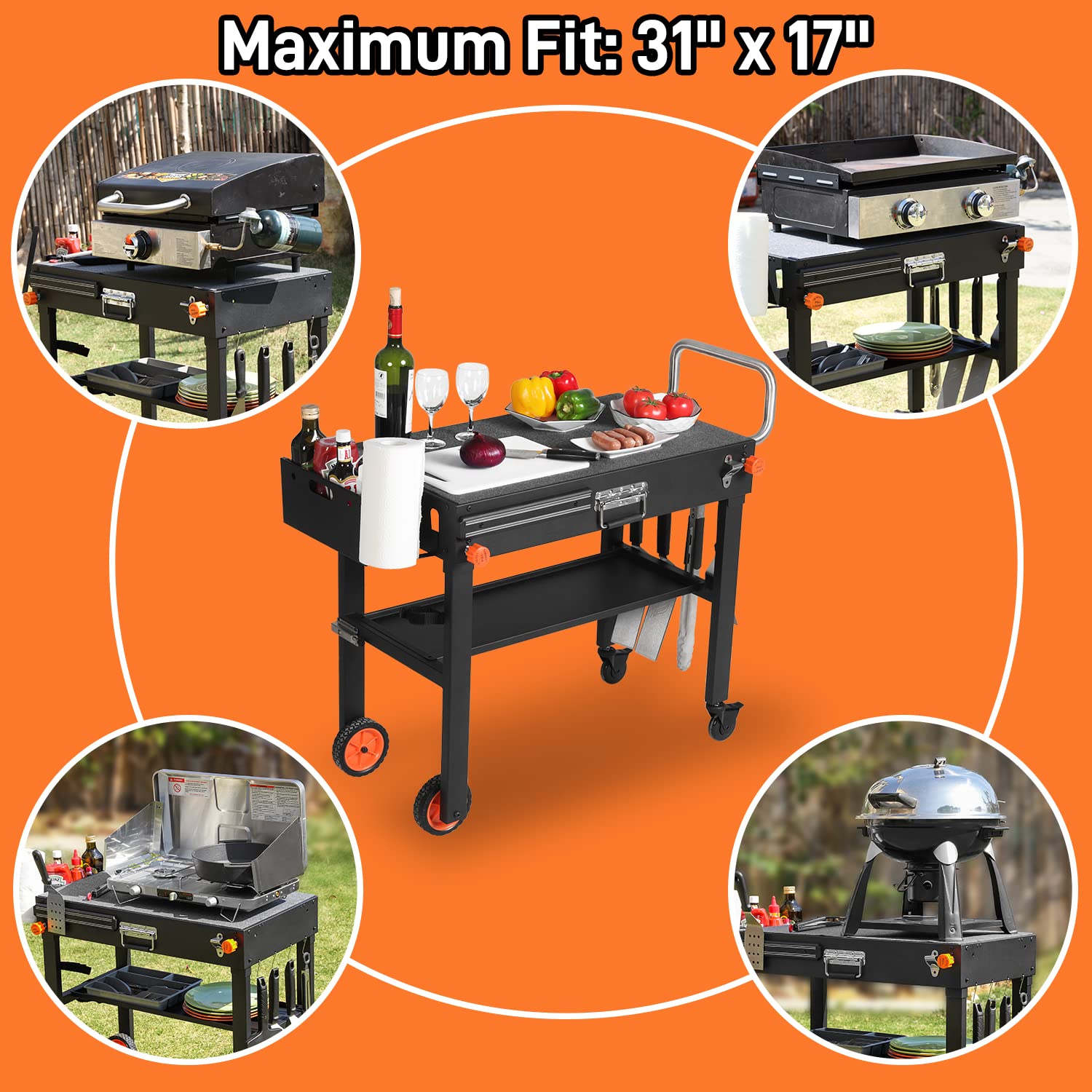 Portable Grill Table for Blackstone Griddle - Foldable Stand with Storage Caddy Fits 17” & 22” Tabletop Grills (Ninja, Camp Chef, etc.) - Perfect for Outdoor Cooking, Tailgating, Camping & Backyard BBQs