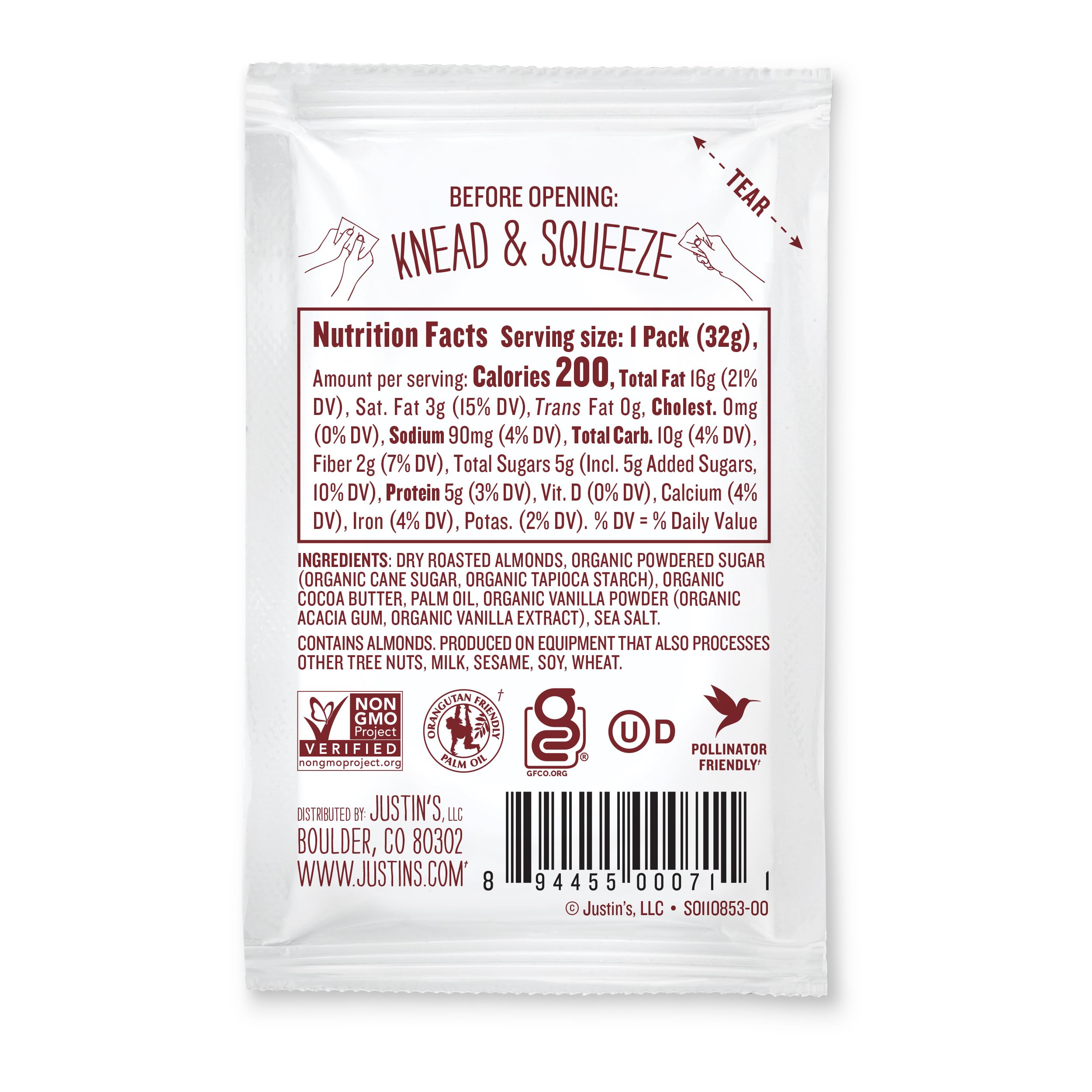 Justin's Gluten-Free Vanilla Almond Butter Squeeze Packs, 1.15 oz (10 Pack) | Healthy Snack for On-the-Go, Hiking, Lunch Boxes & Keto Diet