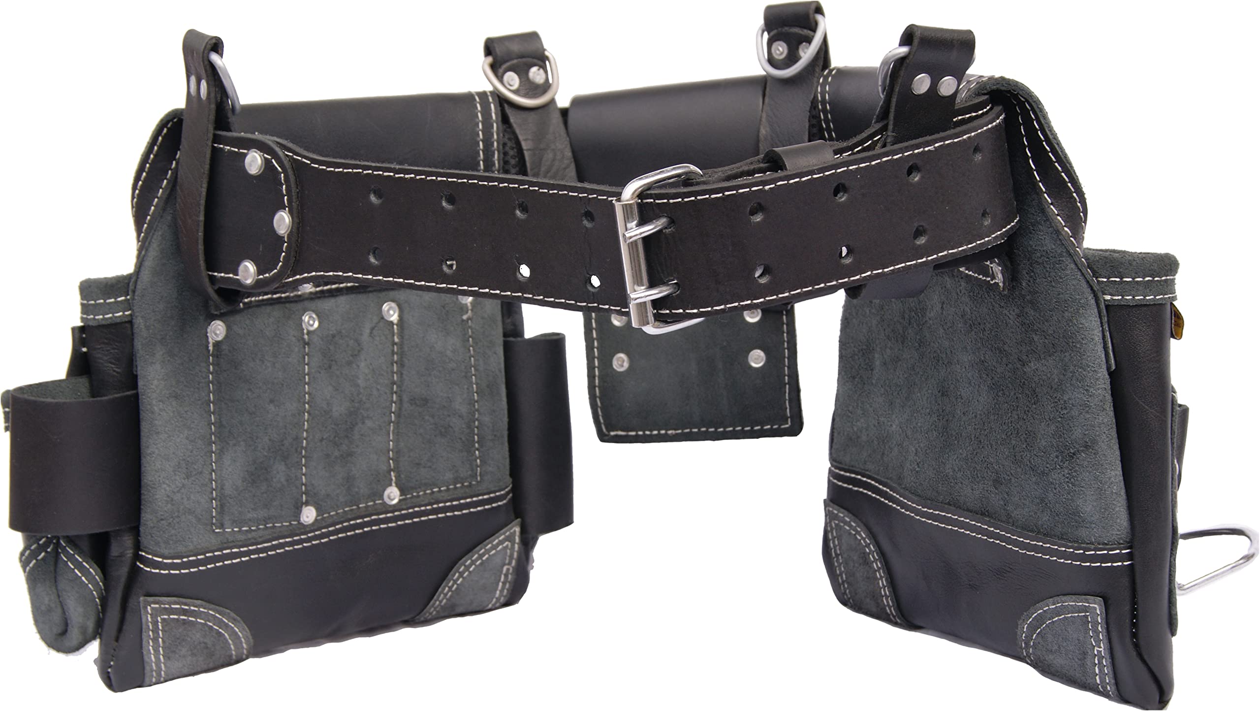 Zakco PRO-20 Oil Tanned Genuine Grain Leather Tool Belt for Construction, Framing, Roofing & Drywall - Heavy Duty Leather Work Belt with Tool Pouches & Rig (Black) - Perfect for Carpenters, Contractors & DIY Home Improvement Projects