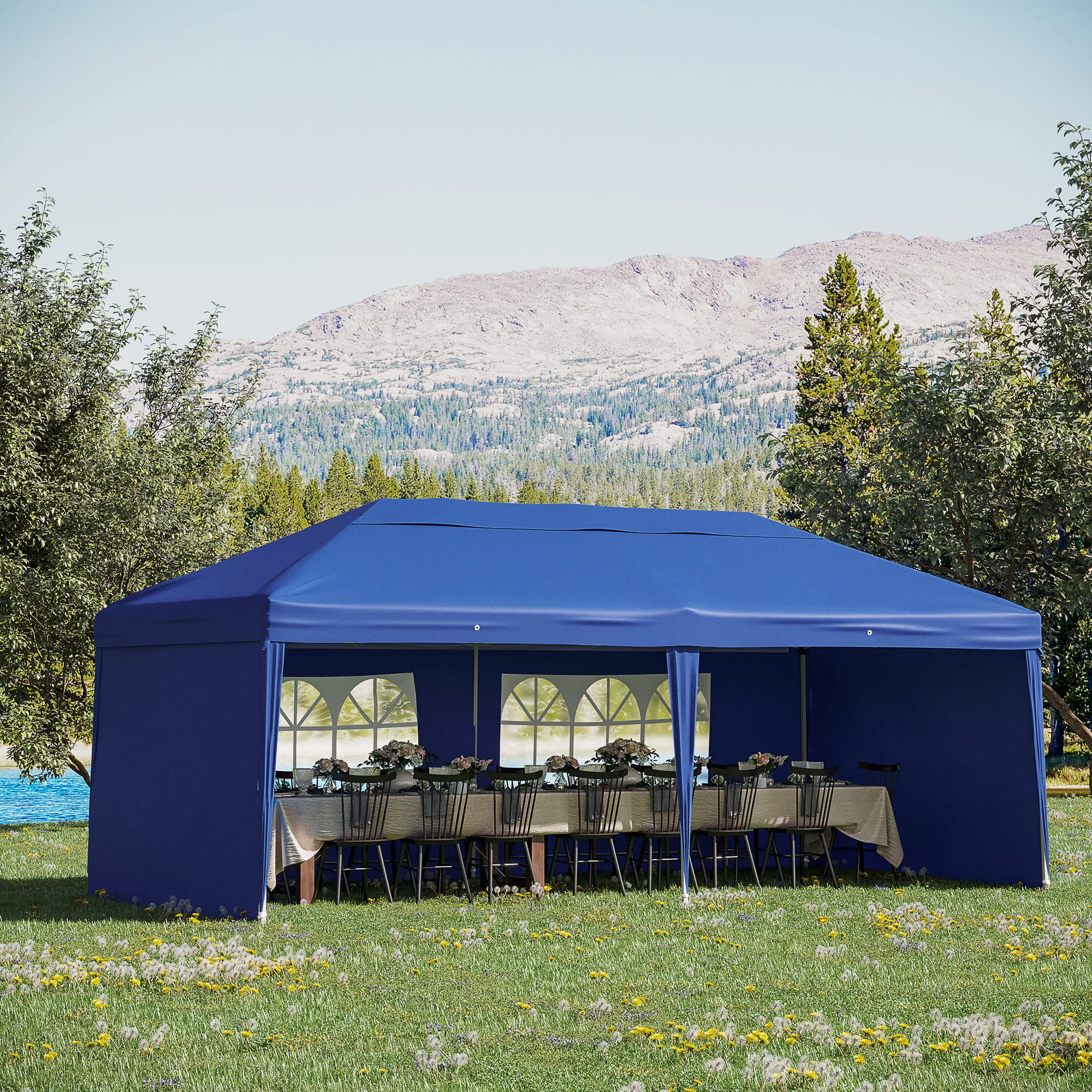 Outsunny 10' x 20' Heavy Duty Pop Up Canopy Tent with 4 Sidewalls & Carrying Bag - Waterproof Instant Shelter for Outdoor Parties, Camping, Beach, Garden, Patio, Backyard Events (Blue)