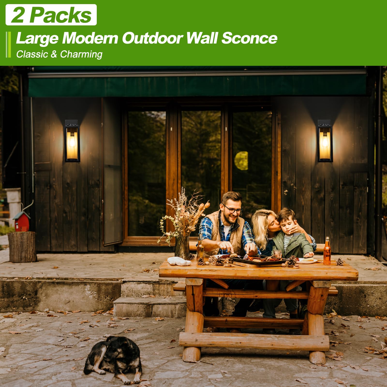 16 Inch Large Outdoor Wall Lights - 2 Pack Modern Black Exterior Light Fixtures with Clear Glass Shade, Waterproof Porch Lighting for House, Farmhouse, Garage & Front Door - Perfect for Patio, Garden & Entryway Lighting
