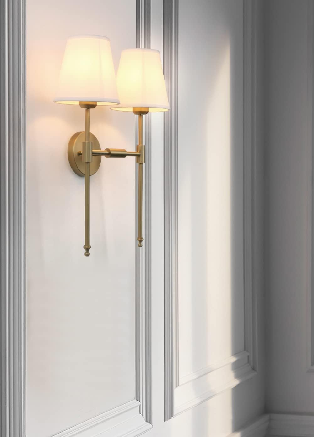 PERMO Classic Rustic Double Sconce Wall Light - 2-Light Antique Brass Fixture with White Flared Fabric Shade - Perfect for Bathroom, Bedroom, Hallway & Living Room Lighting Decor