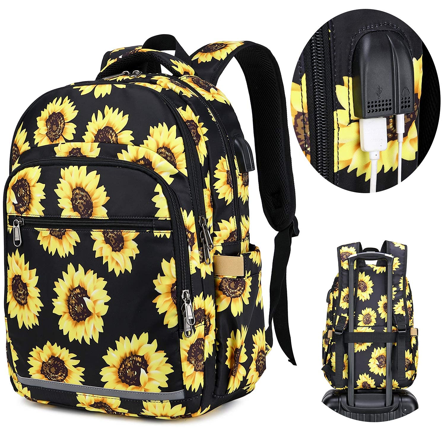 Stylish Floral Backpack for Women - 15.6 Inch Laptop Bookbag with USB Charging Port & Headphone Jack, Waterproof College Backpack for Business Travel, School & Daily Commute | Sunflower Design Daypack for Work & Outdoor Activities