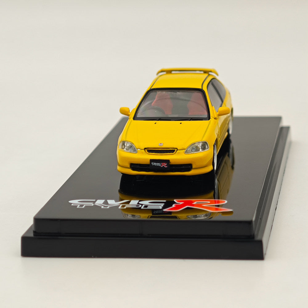 1/64 Honda Civic Type R (EK9) 1997 Sunlight Yellow Diecast Model Car with Engine - Collectible Hobby Japan HJ643016AY - Perfect for Car Enthusiasts & Display Collections