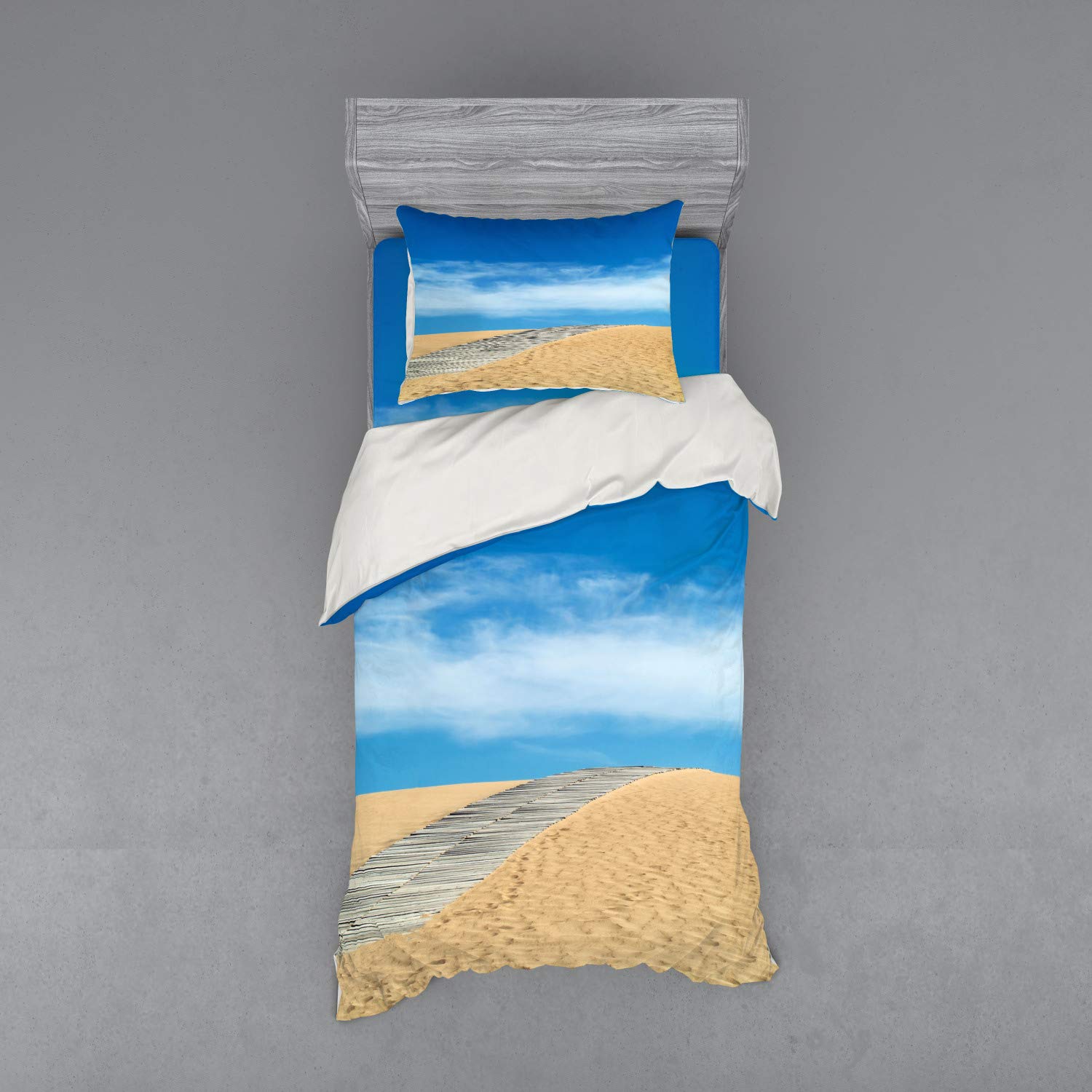 Ambesonne Beach Bedding Set - 3 Piece Duvet Cover with Sham & Fitted Sheet, Twin XL Size, Cream Blue Wooden Path Over Sand Dune Design | Coastal Decor for Bedroom, Vacation Home or Beach House Retreat