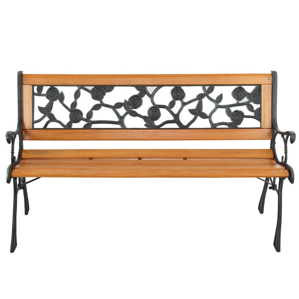 49-Inch Outdoor Garden Bench - Natural Hardwood Patio Park Bench with Bronze Cast Iron Frame & Rose Pattern - Rustic Elegant Porch, Deck, Backyard & Garden Seating Furniture for Relaxing & Outdoor Decor