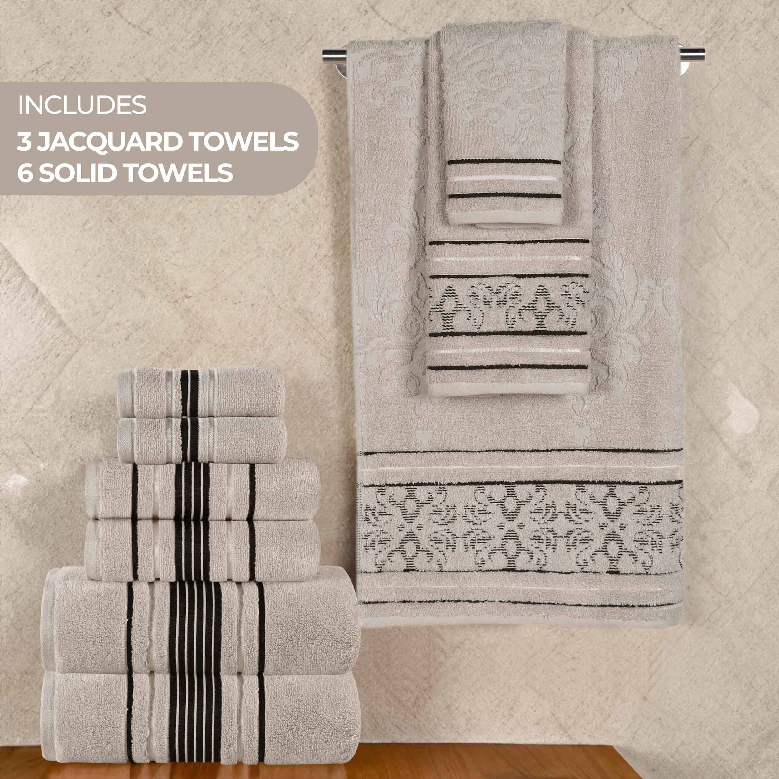 Premium 9-Piece Sadie Zero Twist Cotton Towel Set - Solid & Jacquard Floral Design | Ultra Soft & Absorbent Bath Towels, Hand Towels & Washcloths | Perfect for Spa, Bathroom & Luxury Home Decor