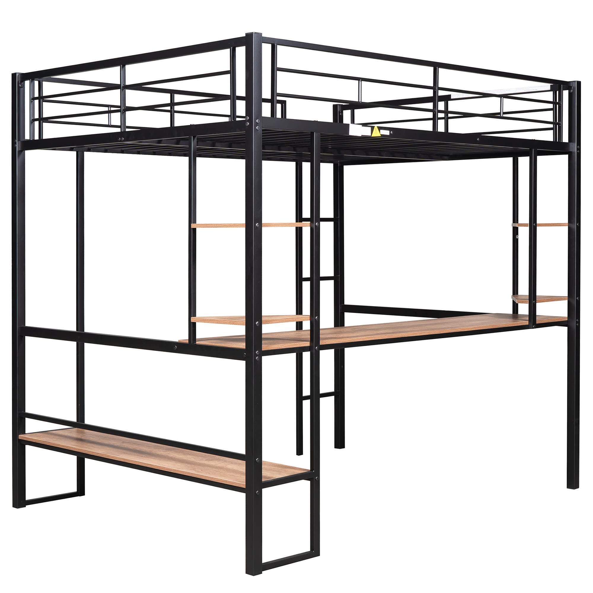 Harper & Bright Designs Full Metal Loft Bed Frame with Built-in Desk & Storage Shelves - Heavy Duty Steel Construction for Kids, Teens & Adults - Space-Saving Black Bedroom Furniture for Small Rooms, Dorms & Apartments