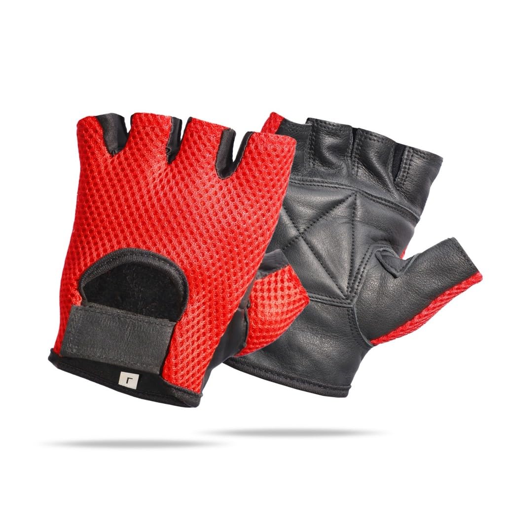 Prime Sports Leather & Mesh Fingerless Weight Lifting Gloves for Gym, Workout & Wheelchair Use - Black/Red (WLG-021) | Ideal for Cross Training, Powerlifting & Mobility Support