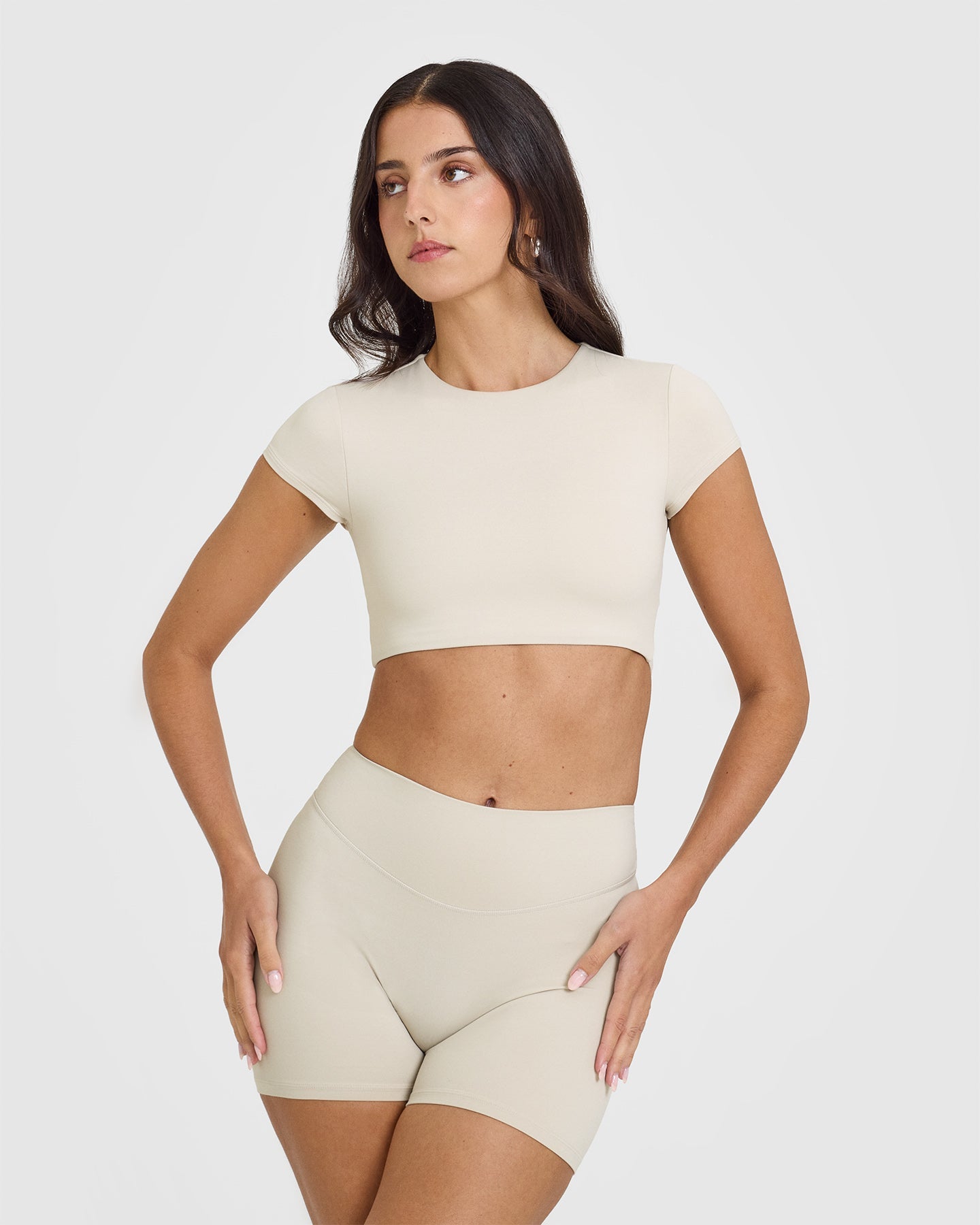 SoftMotion™ Women's Short Sleeve Crop Top - Breathable Stretchy Comfort Fit Summer T-Shirt | Beige | Perfect for Yoga, Gym Workouts & Casual Outfits
