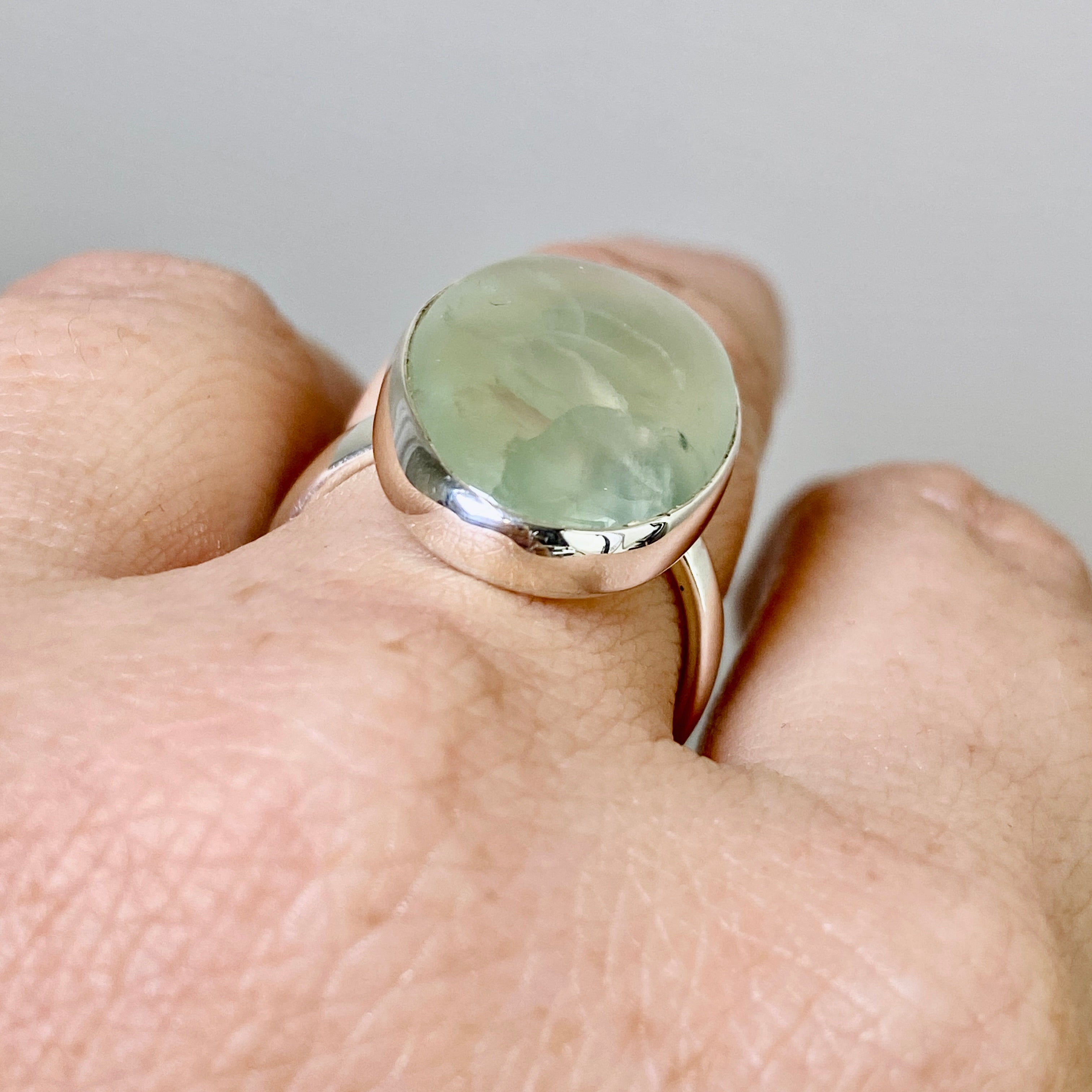 Prehnite Oval Cabochon Ring - Size 8 Sterling Silver Jewelry KRGJ3355 | Perfect for Boho Chic Outfits & Spiritual Healing