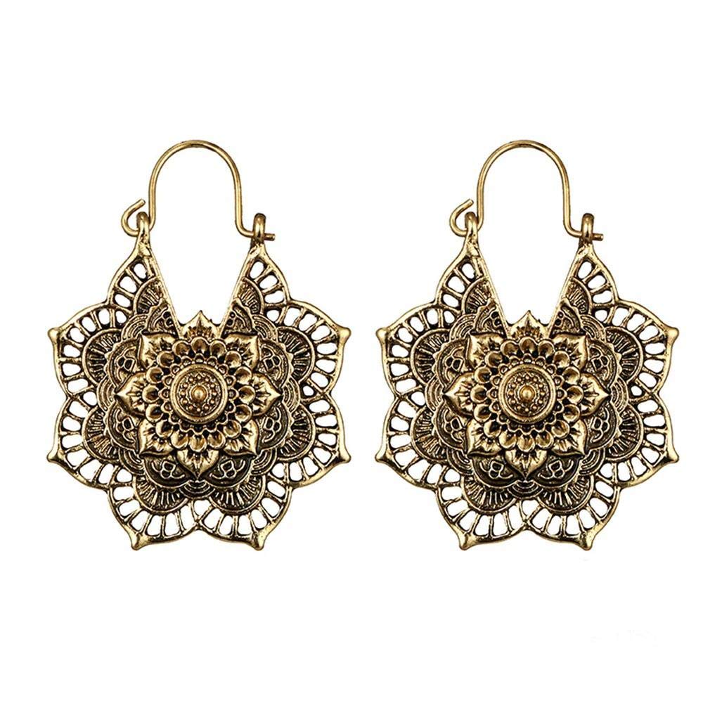 2021 Antique Silver Gypsy Indian Tribal Ethnic Hoop Dangle Mandala Earrings for Women - Boho Vintage Jewelry with Shell Accents | Perfect for Festivals, Parties & Boho-Chic Outfits