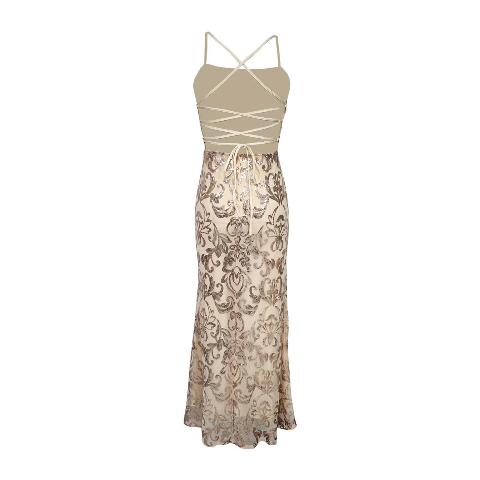 Elegant Women's Maxi Dress Spaghetti Strap Backless Bodycon Evening Party Dress with High Slit - Vintage Cocktail Dress for Night Out, Date Night, Formal Events & Summer Weddings
