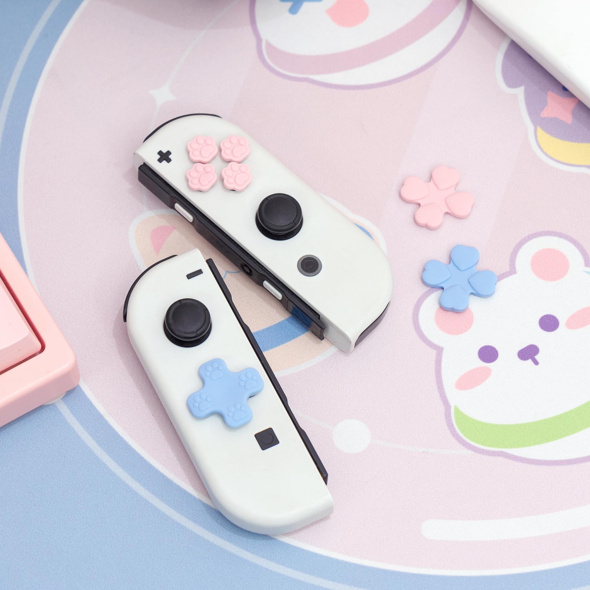 GeekShare Silicone ABXY Button Stickers, Cross D-Pad Keycaps Set, Cat Paw Joystick Cover - Compatible with Nintendo Switch/OLED Joy-Con - Pink & Blue - Gaming Accessories for Enhanced Comfort & Style