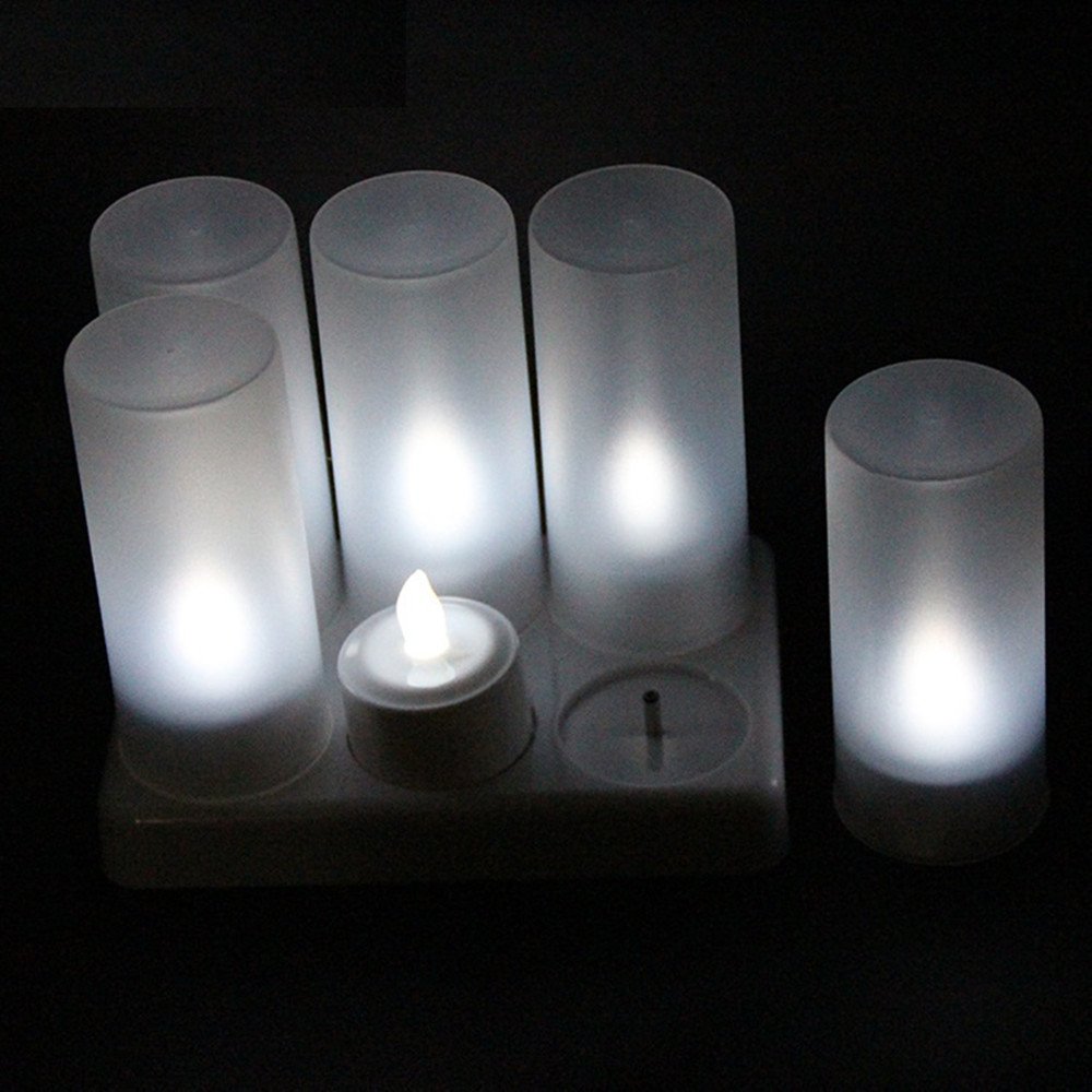 Rechargeable Flameless LED Tea Light Candles - 6 Pack White Electric Votive Lights with Frosted Holders & USB Charging Base | Battery-Free, Safe for Home Decor, Weddings, Parties & Romantic Ambiance