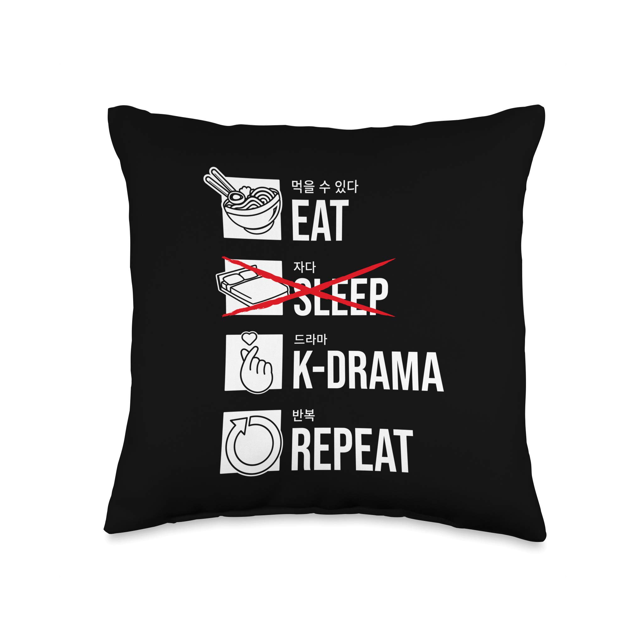 Funny Korean Drama KDrama Apparel & Gifts - Eat Sleep K Repeat Throw Pillow 16x16 Inch Multicolor - Perfect for KDrama Fans, Home Decor, and Couch Accessories