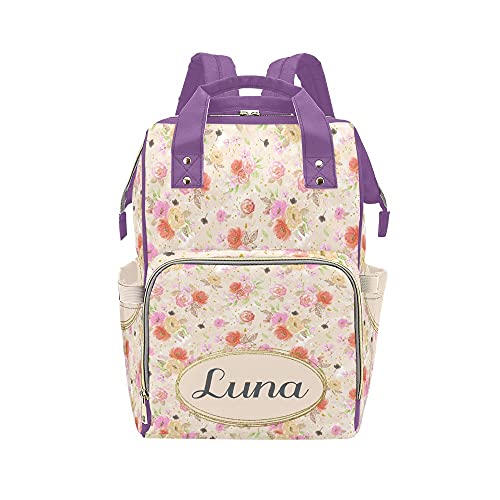 Waterproof Purple Diaper Backpack for Women - Golden Floral Design Baby Bag with Name Tag, Nursing & Travel Essentials Organizer - Perfect for Moms on the Go, Baby Showers & Hospital Visits