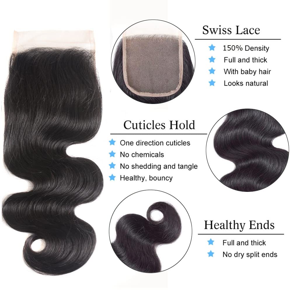 Brazilian Body Wave Human Hair Bundles with 4x4 Lace Closure - 3 Bundles (14 16 18+12 Inches) 100% Unprocessed Virgin Hair for Natural Look - Perfect for Sew-in Weaves, Wig Making & Everyday Styling