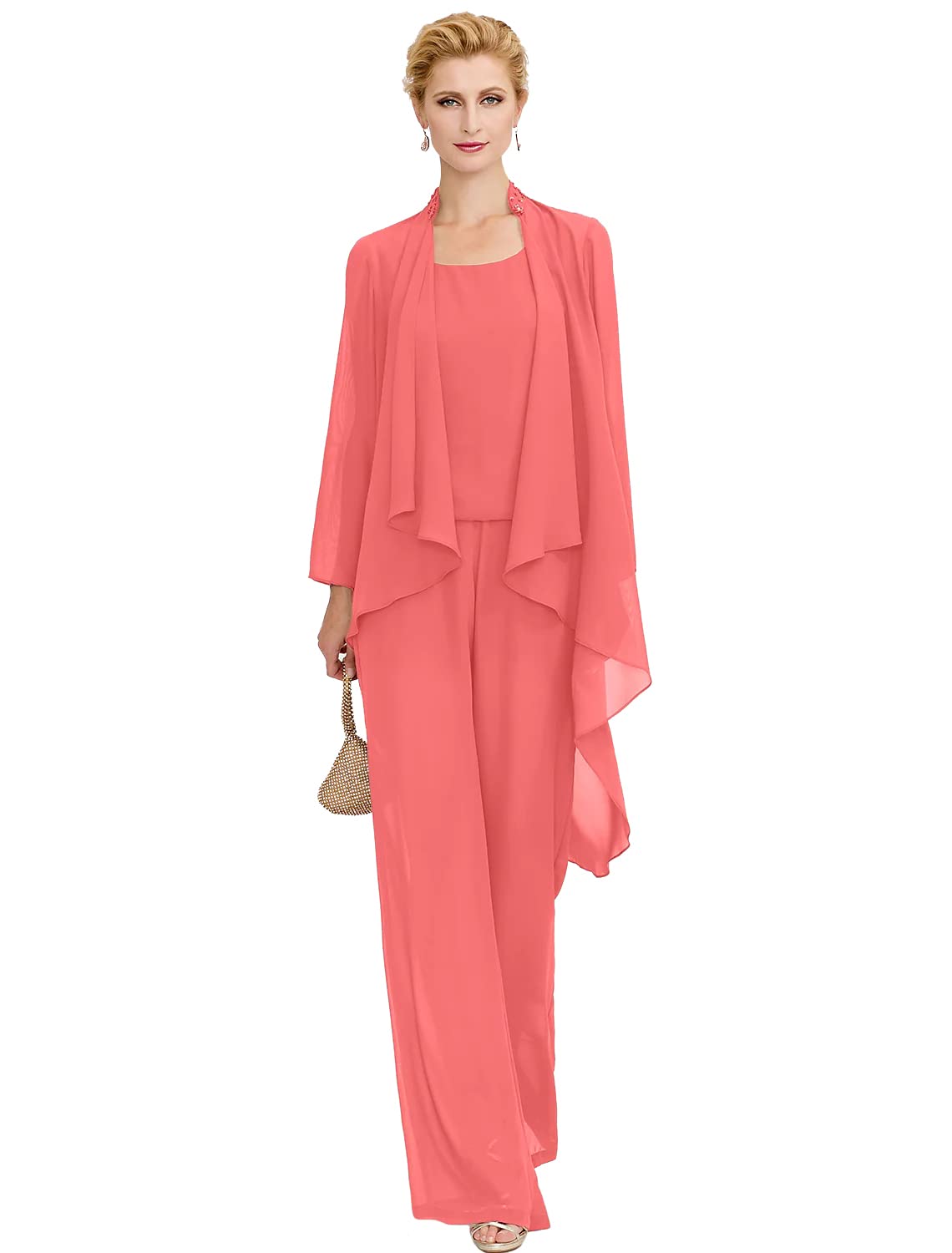 Elegant Women's Chiffon Mother of The Bride Dress Pant Suit Set - 3-Piece Beaded Formal Wedding Outfit with Jacket - Perfect for Weddings, Receptions & Special Occasions