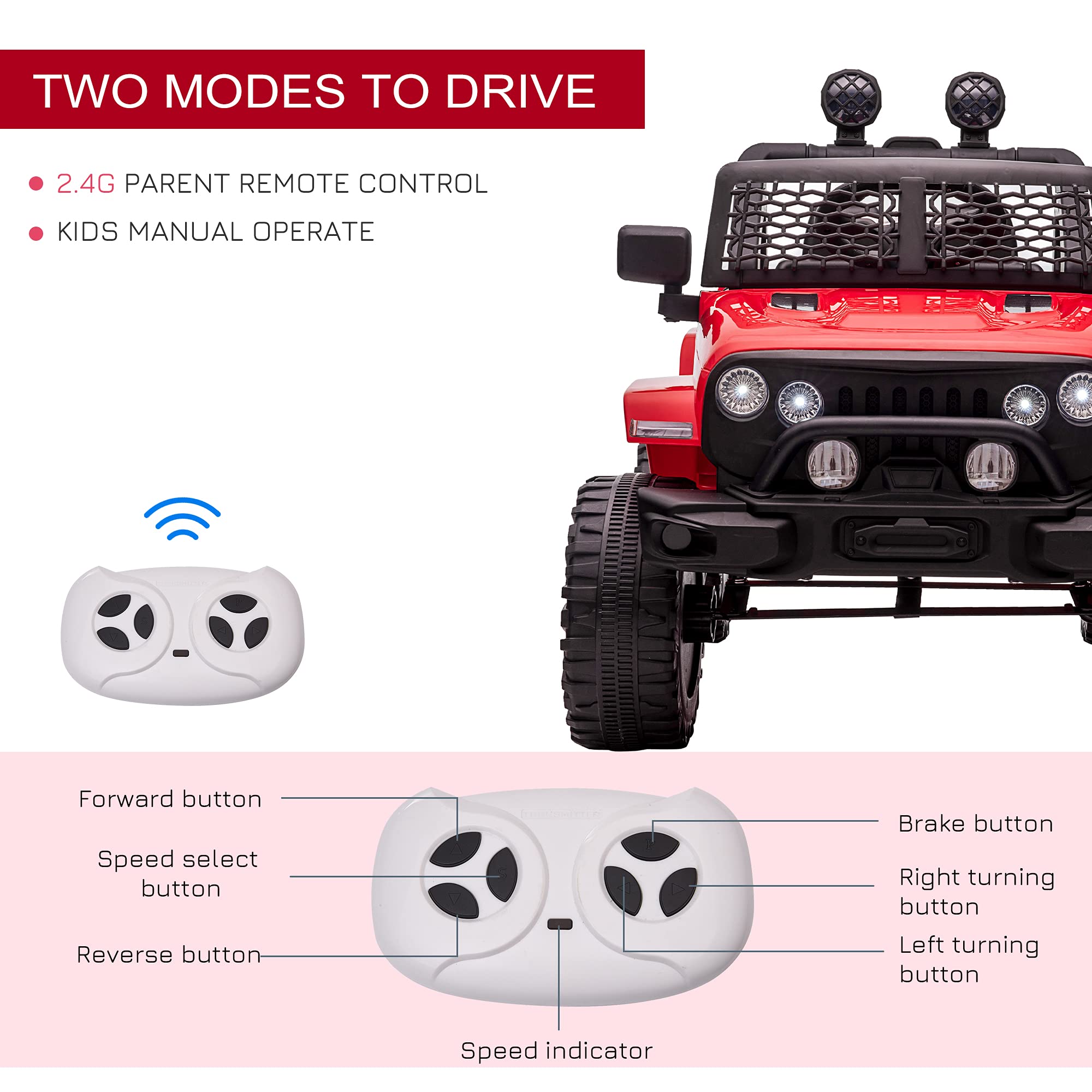 12V Kids Ride On Truck with Parent Remote Control - Battery Powered Electric Car for Boys & Girls, Adjustable Speed, LED Lights & Horn, Spring Suspension - Perfect for Birthday Gifts & Outdoor Play (Red)
