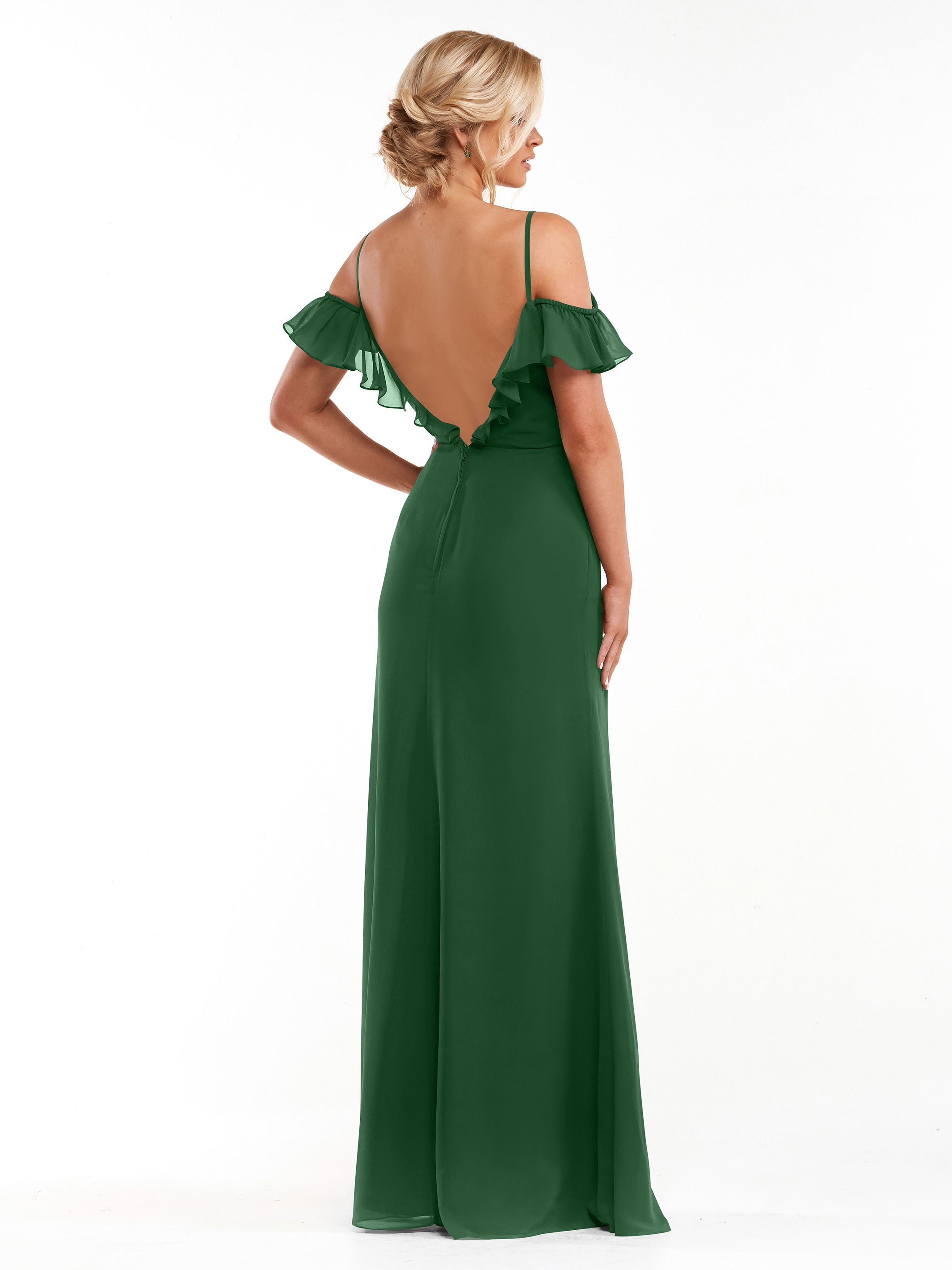 Elegant 80172 Chiffon Off-The-Shoulder A-Line Bridesmaid Dress with Ruffled Neckline - Perfect for Weddings, Formal Events & Evening Parties