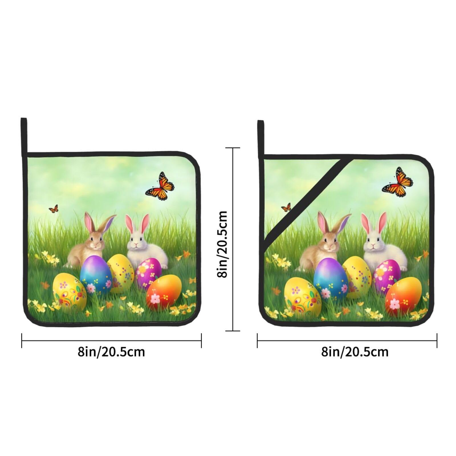 Spring Flower Rabbit Potholders Set of 2 - Easter Bunny Egg Design Heat Resistant Kitchen Mitts for Baking, Cooking & BBQ - Perfect for Holiday Decor and Home Kitchen Use