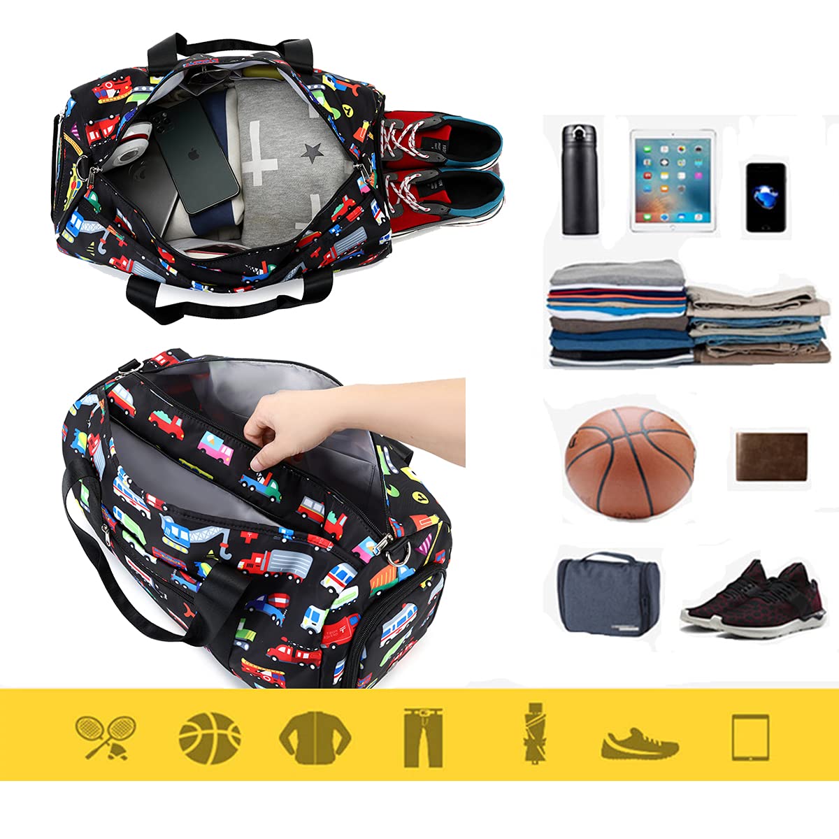 **Waterproof Kids Duffle Bag for Boys & Girls - Lightweight Gym Bag, Overnight Weekender Travel Tote with Shoe Compartment & Wet Pocket - Perfect for School, Sports & Weekend Trips**