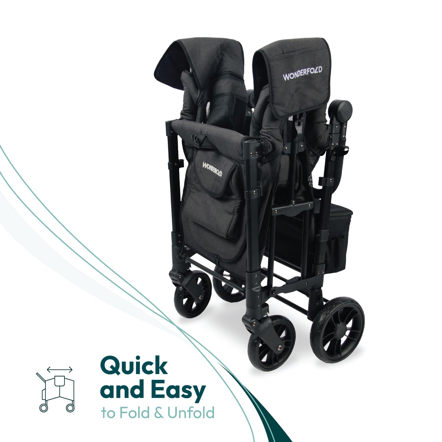 **Wonderfold W2 Elite Stroller Wagon – 2-Seater Collapsible Wagon Stroller with 5-Point Harness, Adjustable Push Handle & Sun Canopy – Elite Black – Perfect for Family Outings, Beach Trips & Shopping**