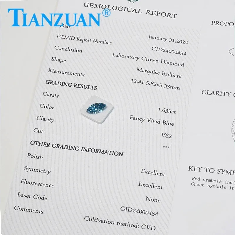 1.635ct VS2 Lab Grown Marquise Diamond - CVD Fancy Vivid Blue Color, 2EX Cut, GEMID Certified Loose Gemstone for Engagement Rings & Fine Jewelry Making
