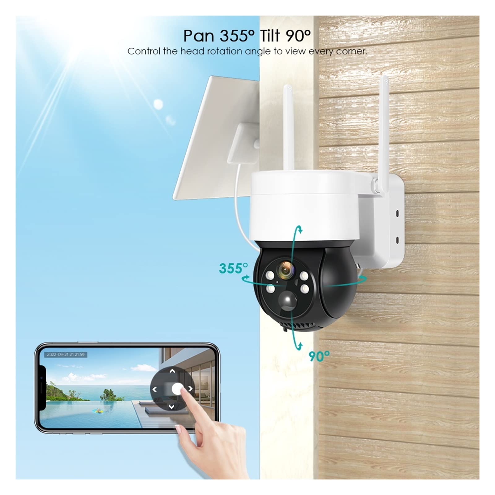 Solar Security Camera 1080P - Wireless Outdoor WiFi Camera with Night Vision, PTZ, IP65 Weatherproof & Solar Panel - 2MP HD Video Surveillance for Home, Yard, Garage Protection (No SD Card Needed)