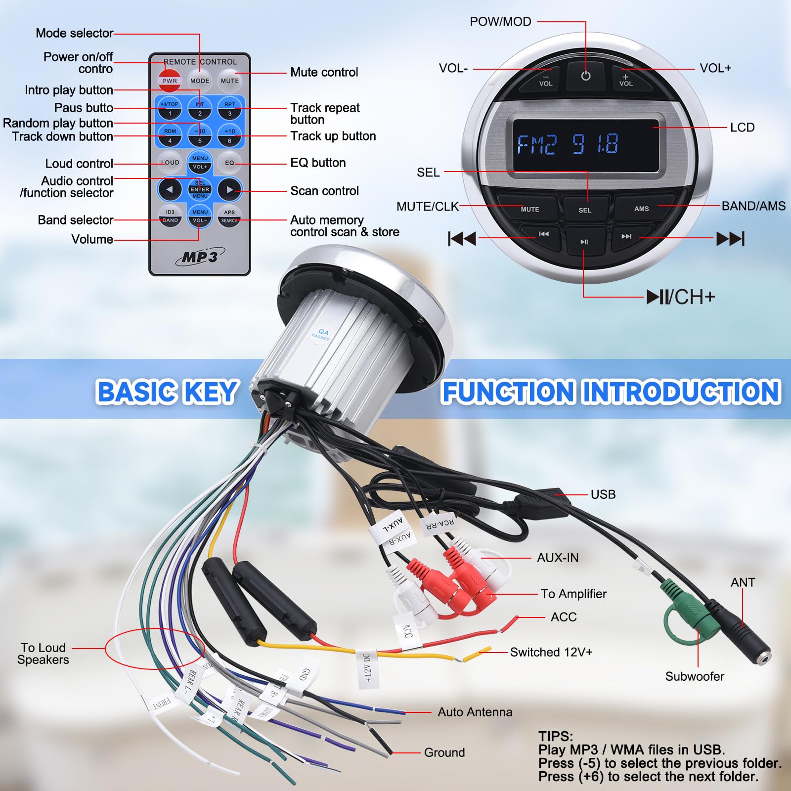 Geloo Marine Stereo Receiver - Waterproof Boat Audio System with Digital Media MP3 Player, Wireless Bluetooth, USB, AM/FM Radio | Perfect for Boats, Motorcycles, Golf Carts & Trucks | Enjoy Music on Water & Outdoor Adventures