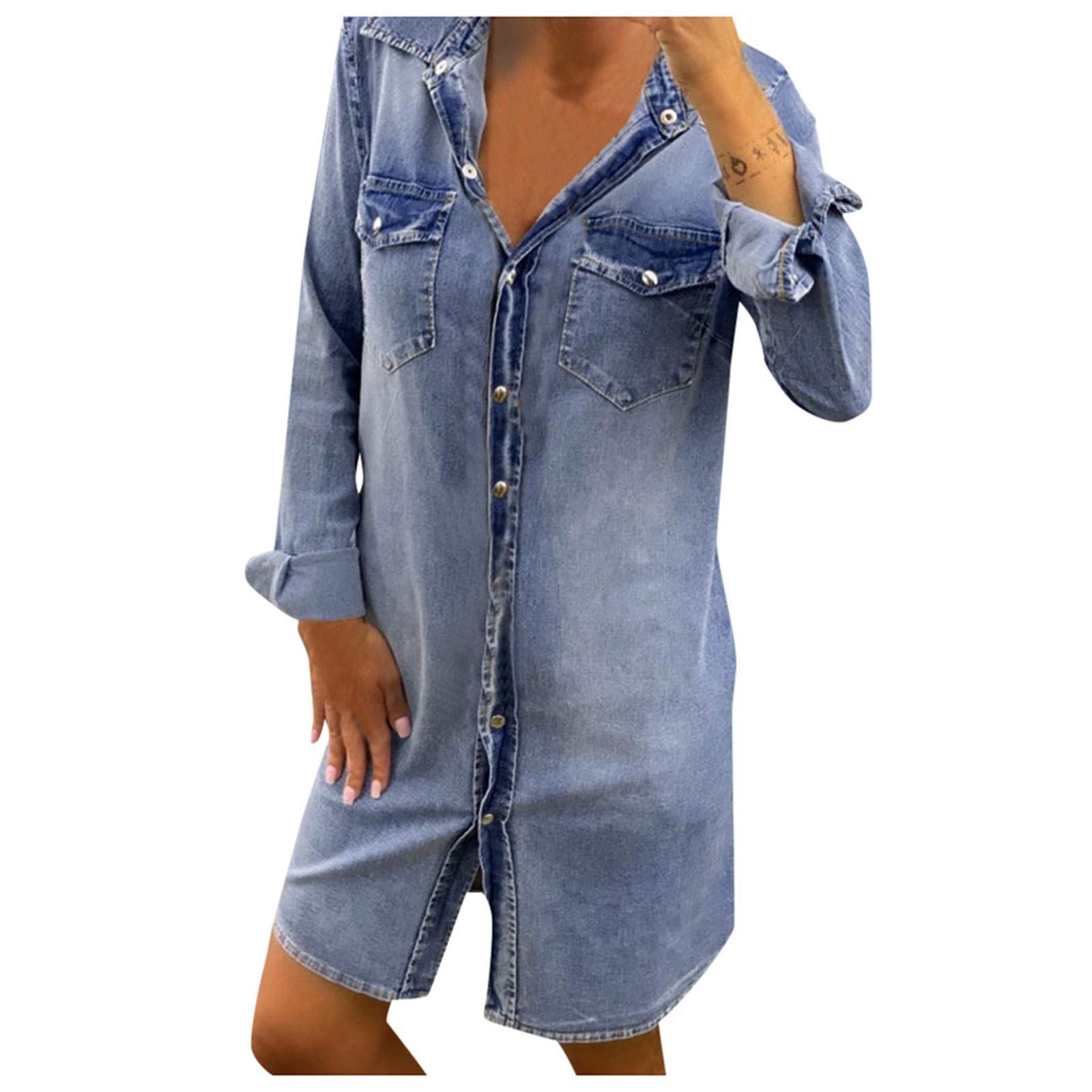 Women's Long Sleeve Denim Swing Dress - Casual Summer Party Dress with Turndown Neck for Petite Women | Perfect for Office, Date Night & Outdoor Events