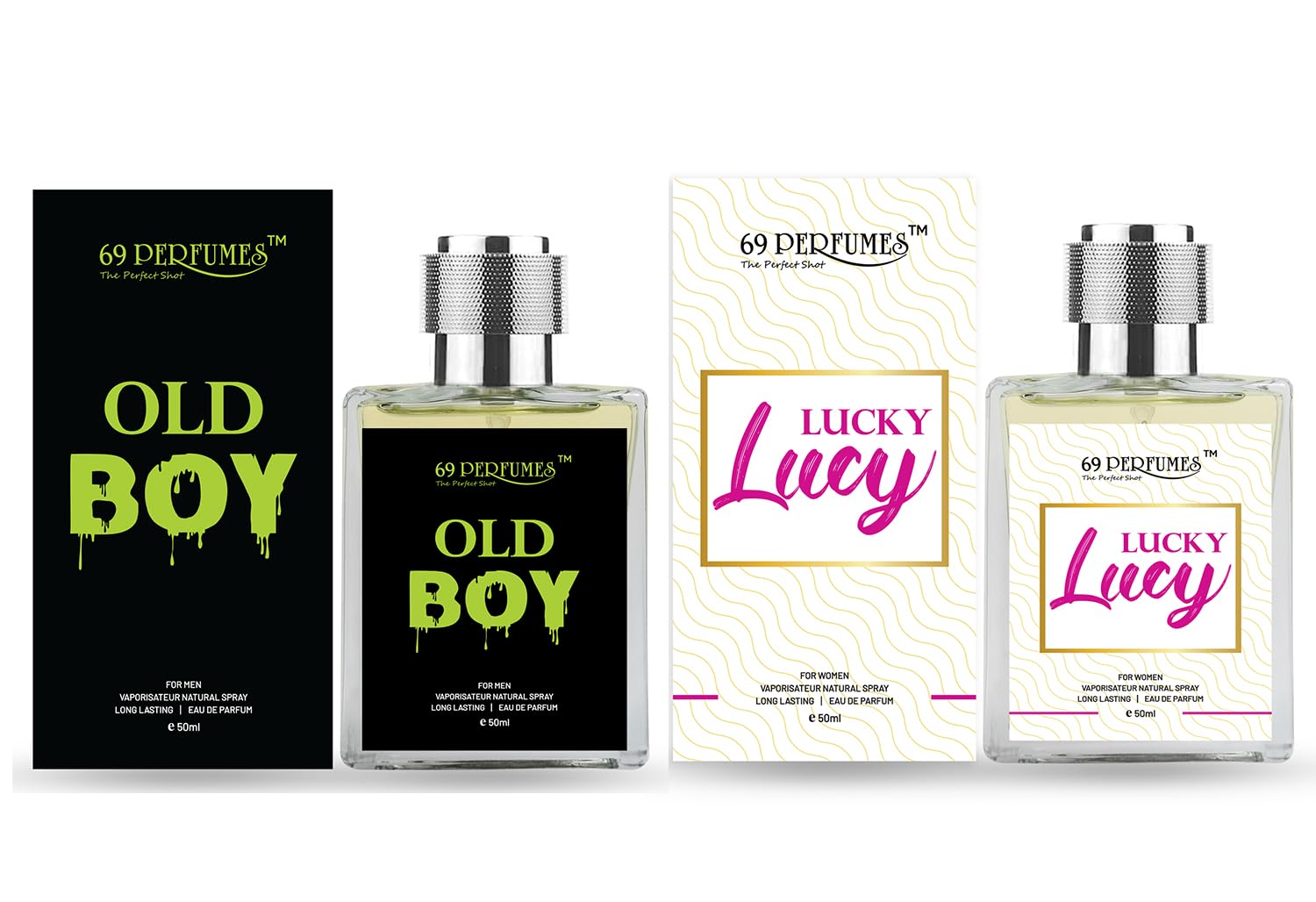 69 PERFUMES Oldboy & Lucky Lucy Combo Set - Bergamot, Woody & Fruity Musky Luxury Cologne for Men & Women | Day & Night Wear, Date Night, Office & Special Occasions