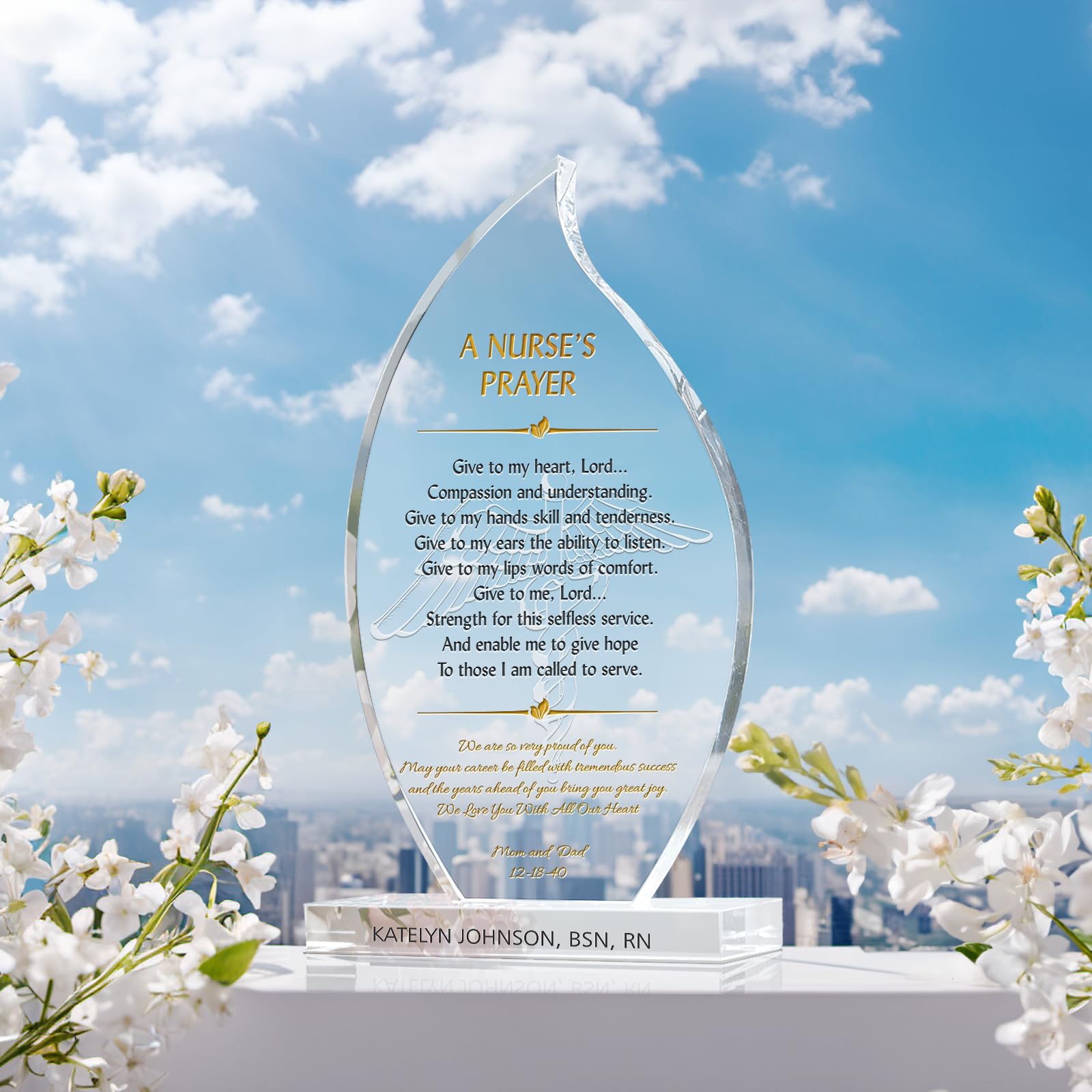 Personalized Crystal Flame Nurse's Prayer Graduation Gift Plaque - 7.5 Inch Inspirational Religious Keepsake for Nurses, Perfect for Daughter, Son, Sister, Brother or Medical School Graduate - Ideal for Office Desk, Home Decor or Retirement Celebration