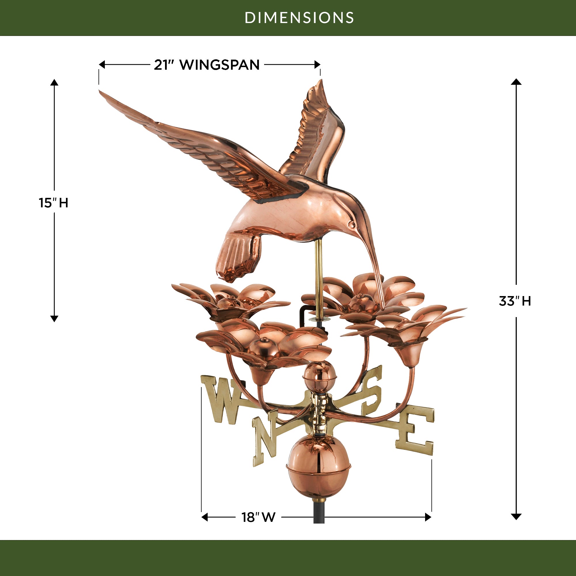 Hummingbird with Flowers Weathervane - Handcrafted Copper Garden Decor for Outdoor Patio & Yard - Perfect for Rustic Farmhouse & Cottage Style Homes