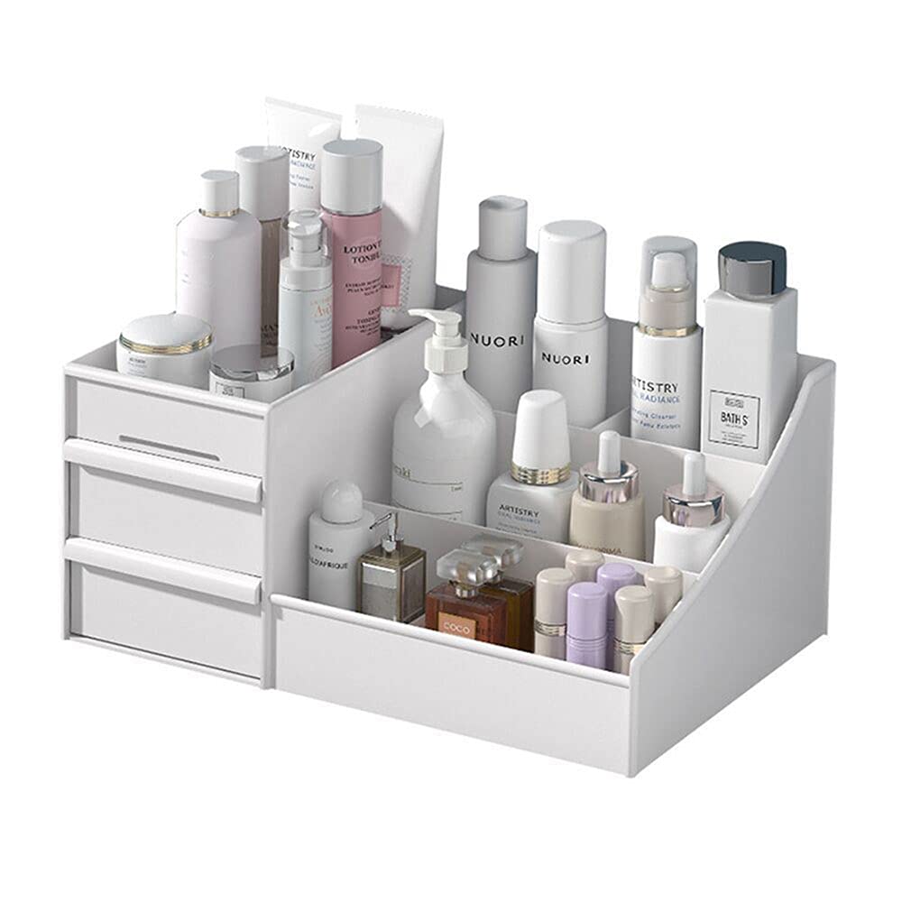 White Cosmetic Storage Box & Makeup Organizer with Drawers - Skincare & Jewelry Organizer for Vanity Desk - Perfect for Bedroom, Bathroom & Travel Use