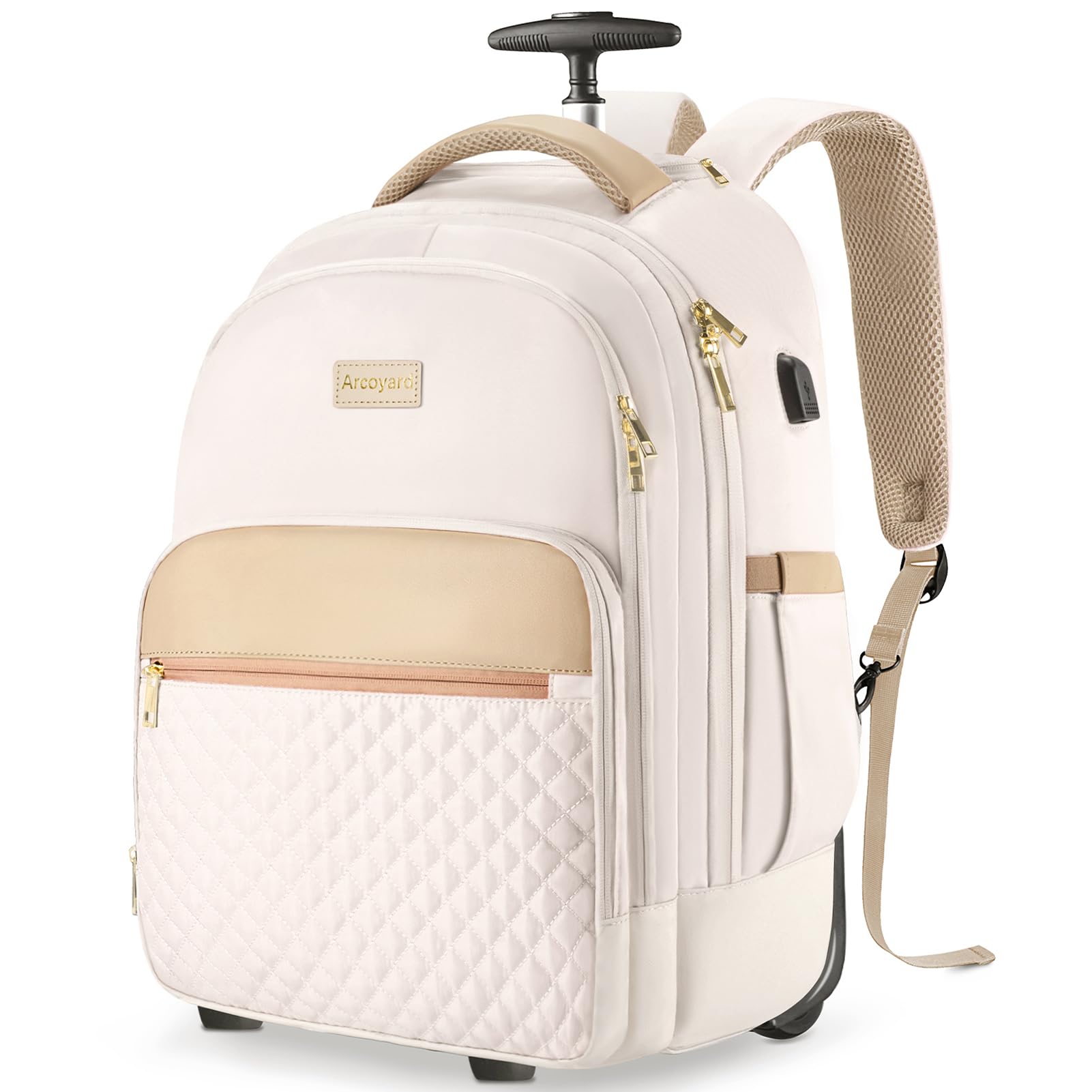 40L Rolling Backpack with Wheels for Women & Adults - Wheeled Travel Backpack Carry On Luggage - Perfect for Air Travel, Commuting & Outdoor Adventures (Beige)