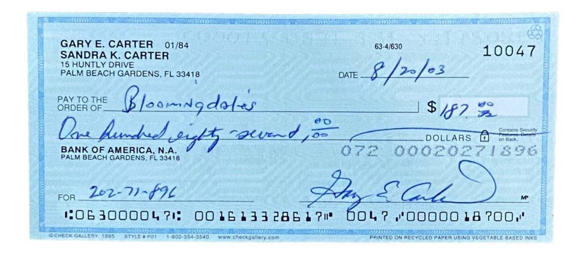 Gary Carter Montreal Expos Autographed Signed Bank Check #10047 BAS - Rare Collectible Memorabilia for Baseball Fans & Sports Collectors (Perfect for Framing, Display, or Investment)