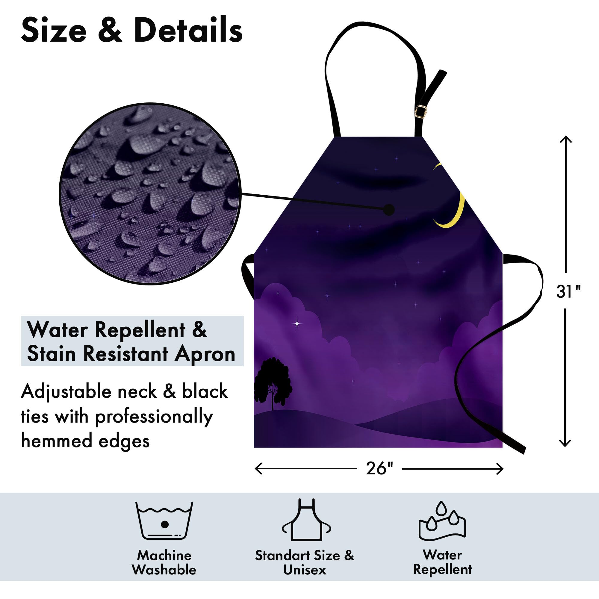 Ambesonne Dark Purple Apron with Stars & Moon - Unisex Kitchen Bib for Cooking & Gardening