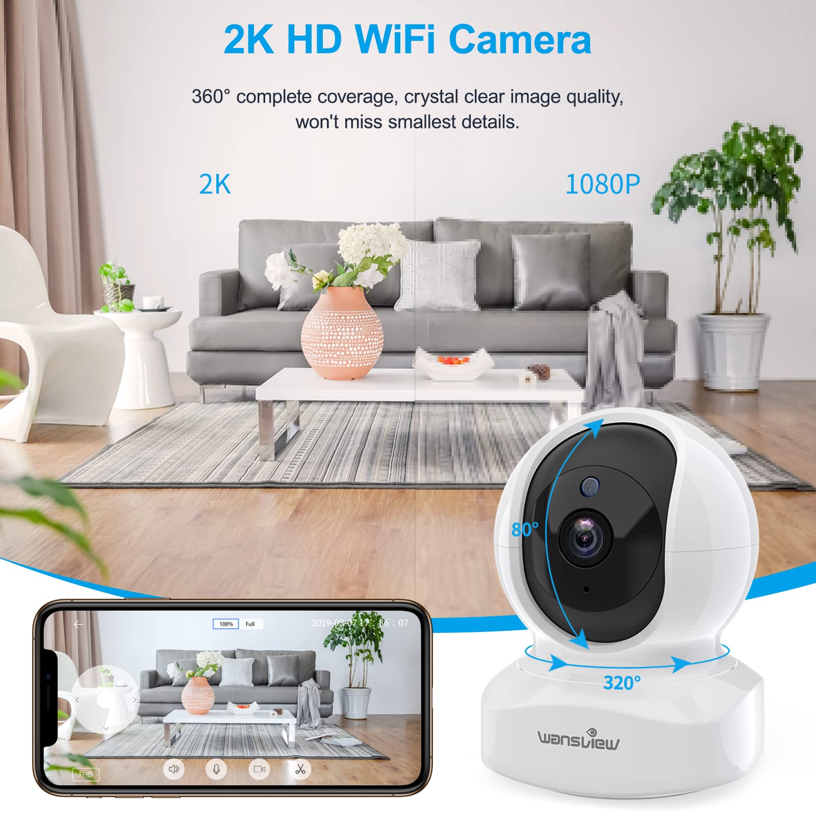 Wansview 2K WiFi IP Baby Monitor Camera - Wireless Indoor Security Camera for Babies, Elderly & Pets with Real-Time Alerts, 2-Way Audio, Night Vision, Pan-Tilt-Zoom, Alexa Compatible - Perfect for Nursery, Home Security & Pet Monitoring (Model Q5)
