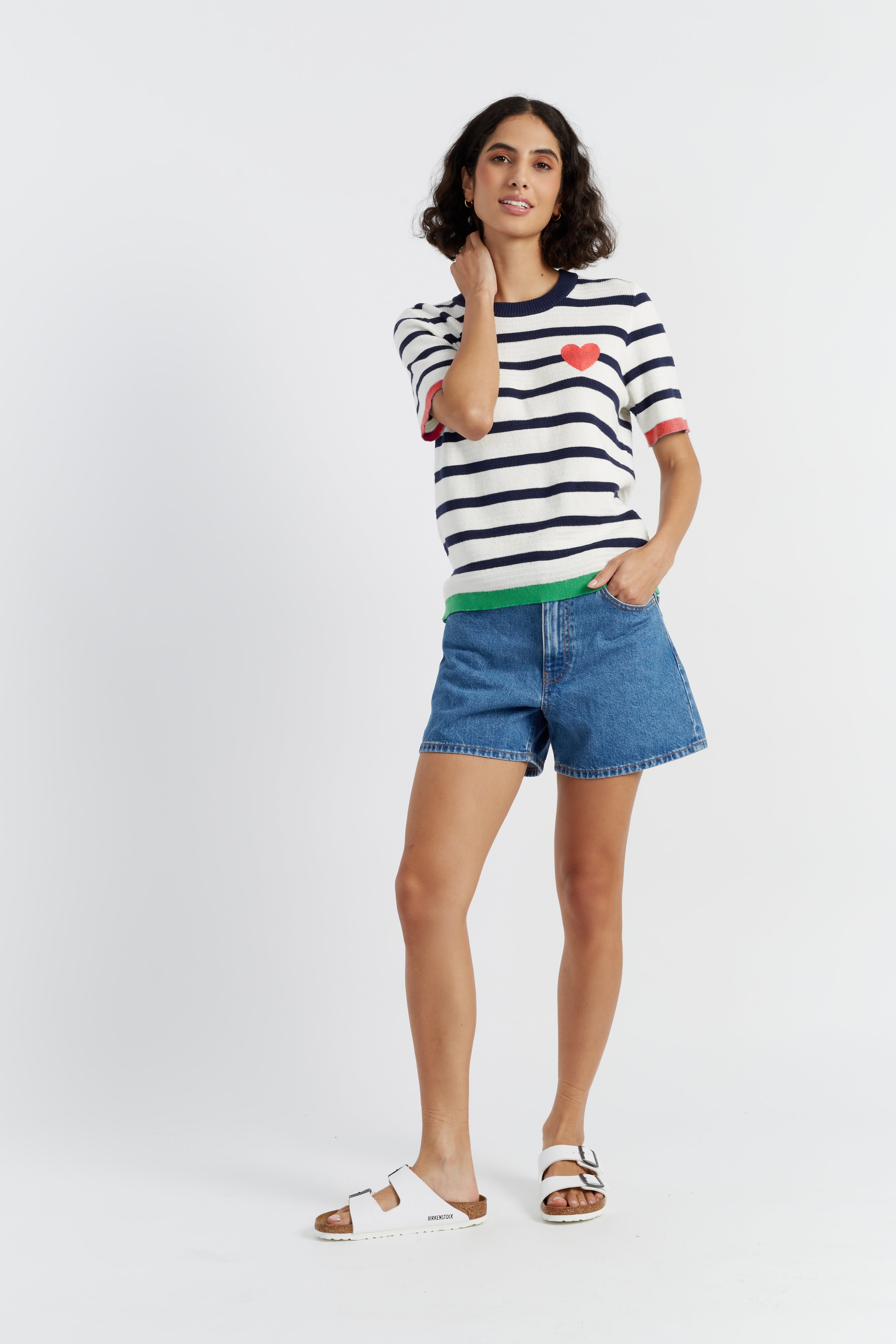 Navy Blue Cotton Crochet Heart Breton T-Shirt for Women - Casual Summer Top for Beach, Vacation & Everyday Wear