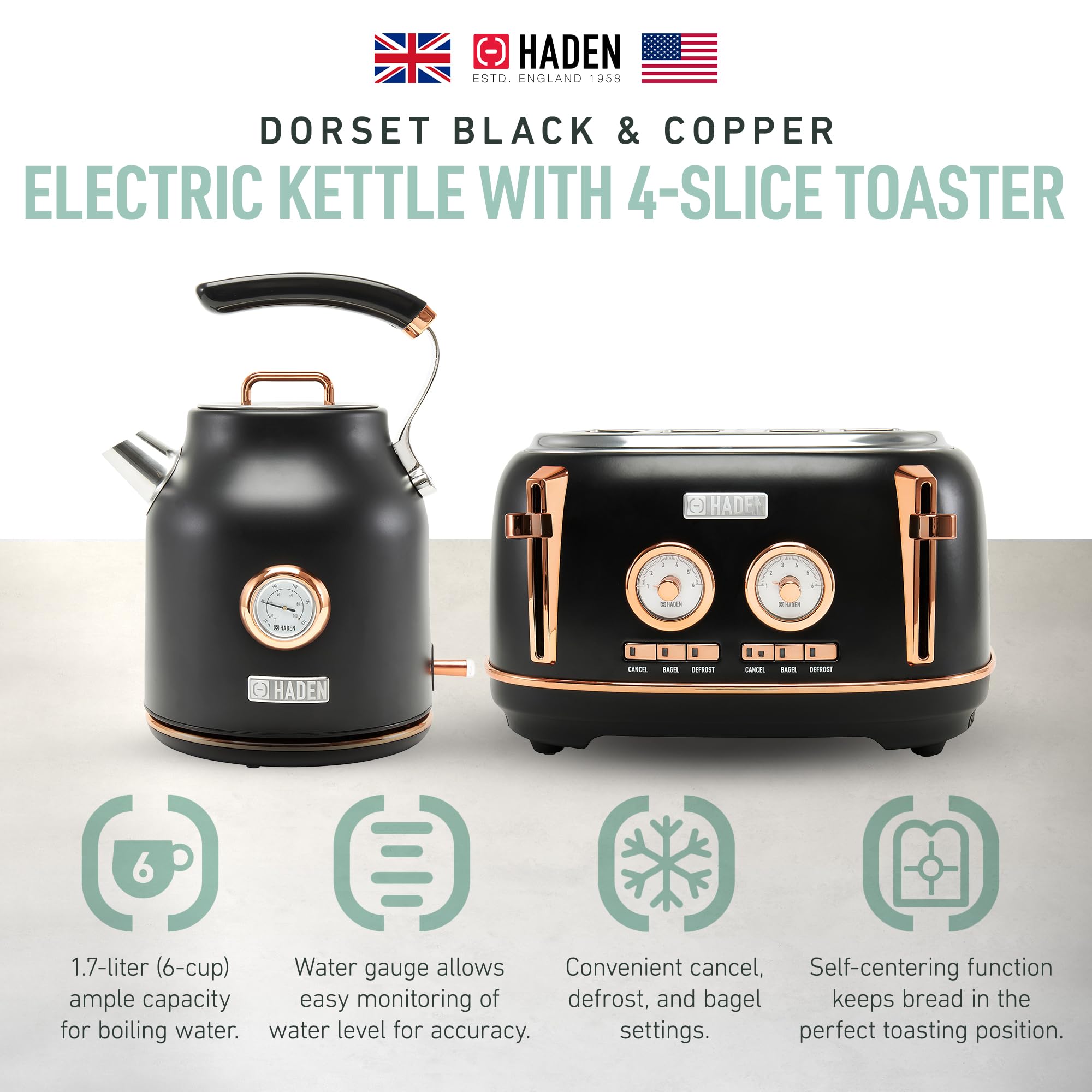 Haden Dorset 1.7L Electric Kettle & 4-Slice Toaster Set - Stainless Steel with 360° Swivel Base, Black & Copper - Perfect for Kitchen, Office, Dorm & Tea/Coffee Lovers