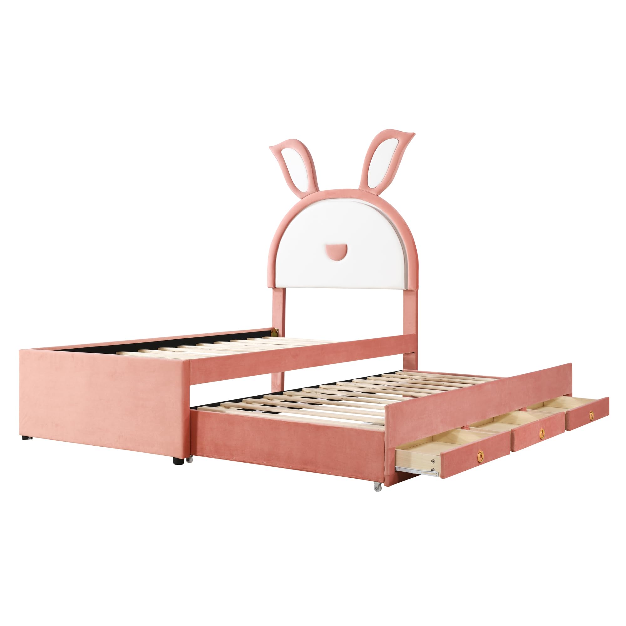 P PURLOVE Twin Size Wooden Platform Bed Frame with Rabbit-Shaped Headboard - Upholstered Bed with Trundle, 3 Storage Drawers & LED Lights - No Box Spring Required - Easy Assembly - Pink - Perfect for Kids Rooms, Teen Bedrooms & Nursery Decor