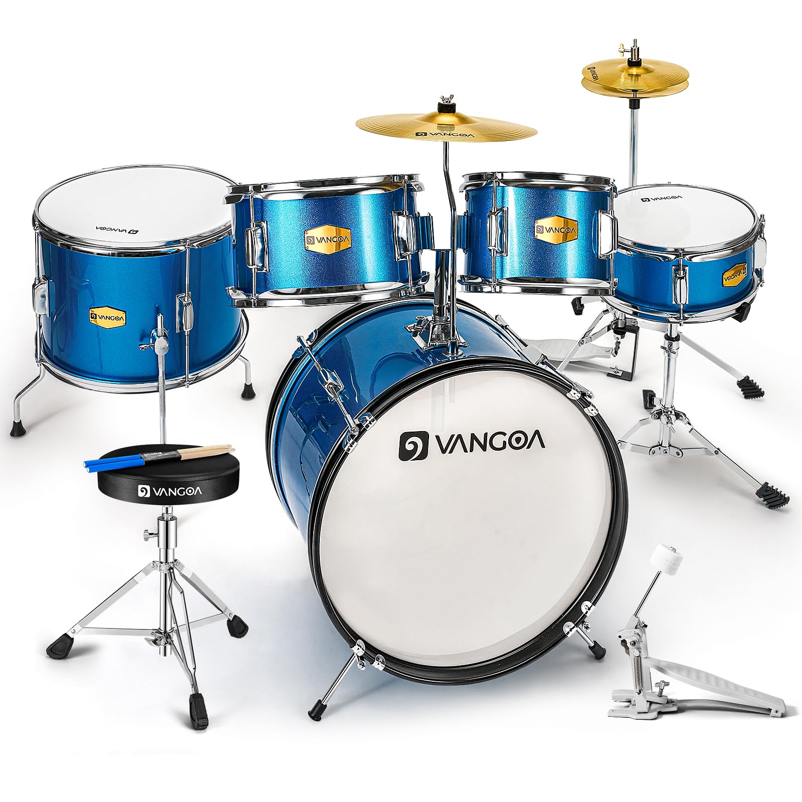 Vangoa 5-Piece Junior Drum Set for Kids & Teens - 16 Inch Beginner Drum Kit with Adjustable Seat, Bass Drum, Toms, Snare, Cymbal, Hi-Hat & Drumsticks - Perfect for Home Practice, Music Lessons & First-Time Musicians (Blue)